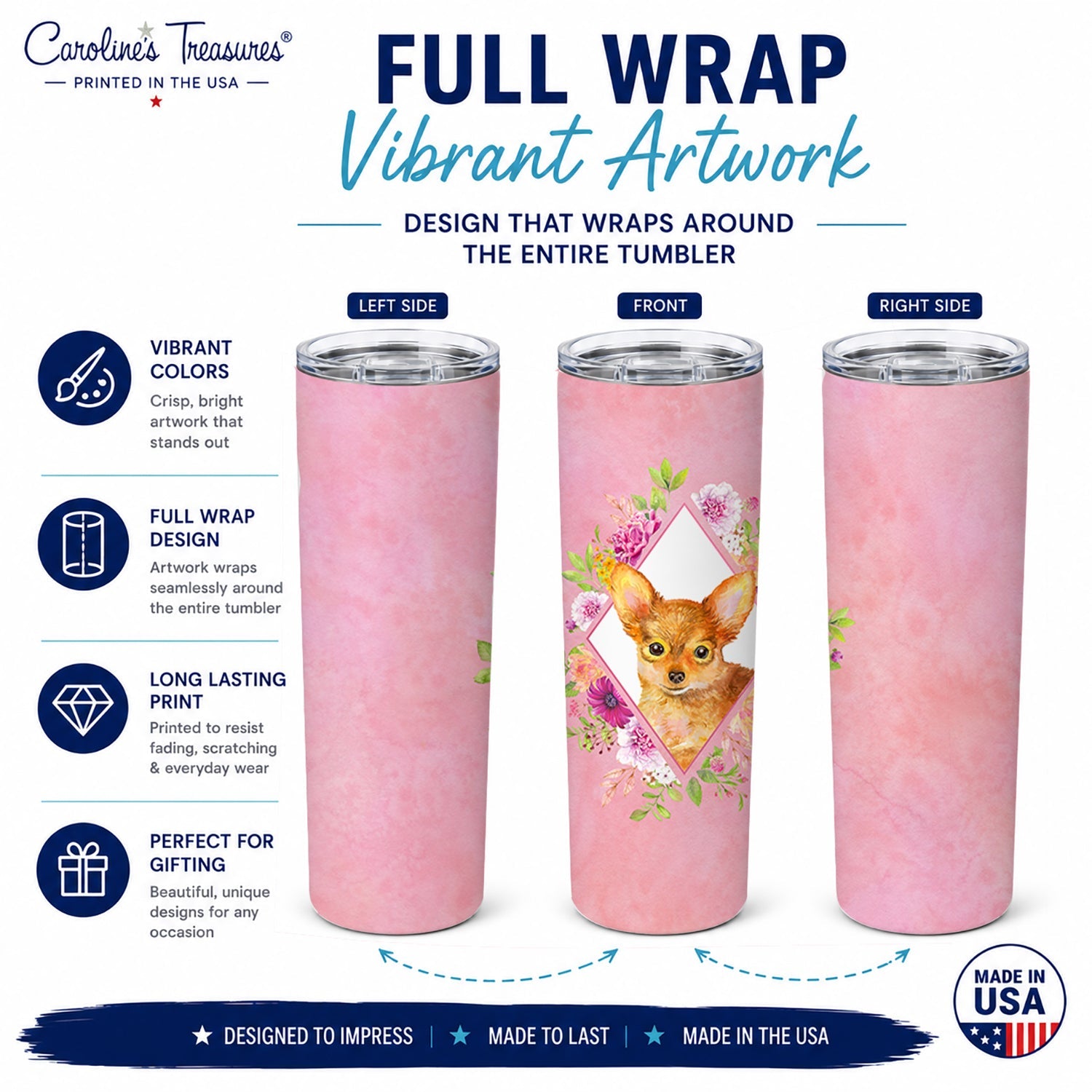 Toy Terrier Pink Flowers Stainless Steel Skinny Tumbler 20 oz Vacuum Double Walled Reusable Insulated Travel Cup