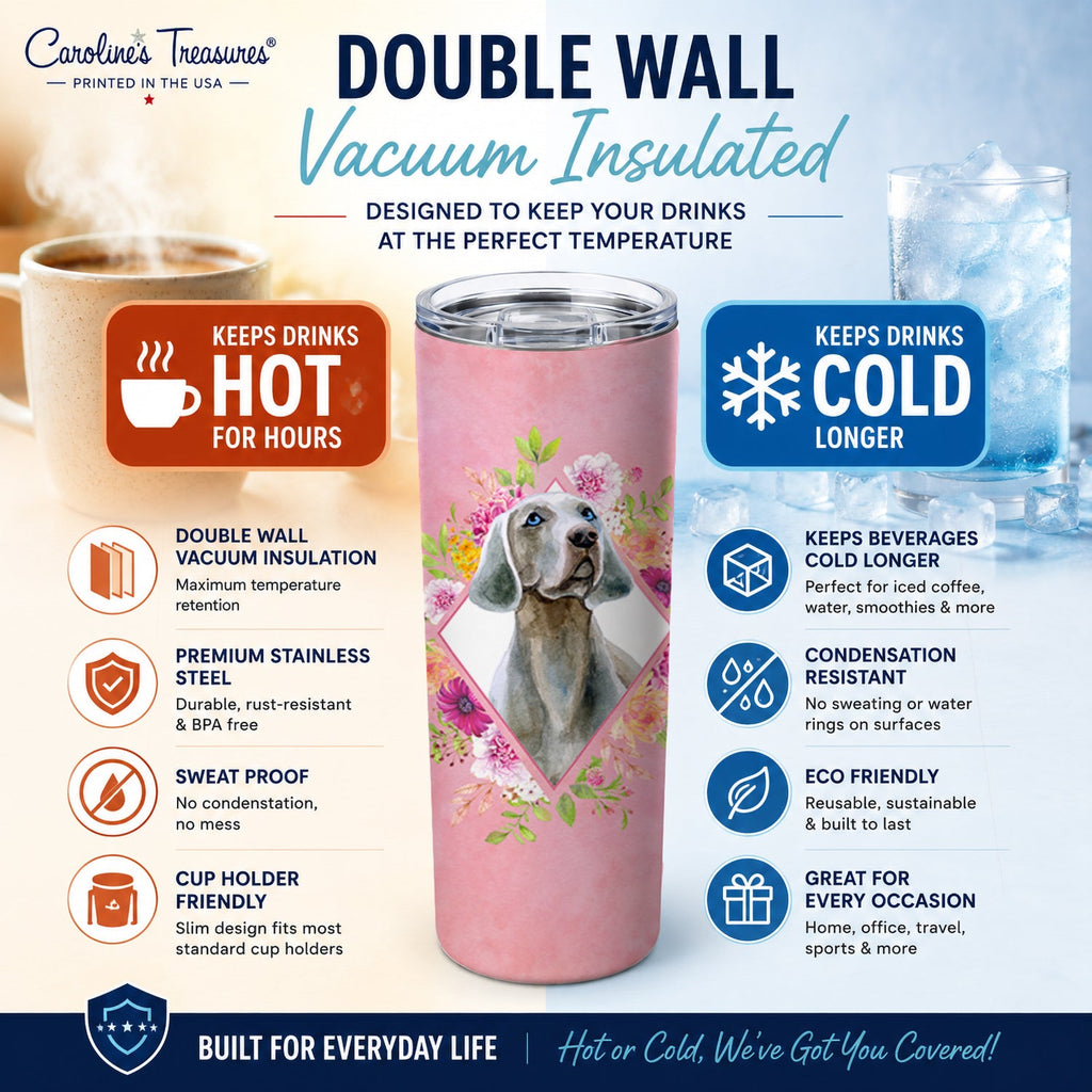Weimaraner Pink Flowers Stainless Steel Skinny Tumbler 20 oz Vacuum Double Walled Reusable Insulated Travel Cup