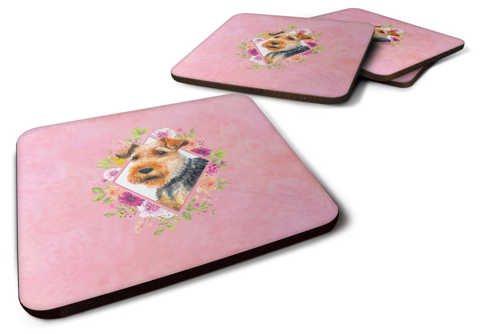 Welsh Terrier Pink Flowers Foam Coasters Set of 4 Cup Coasters for Indoor Outdoor, Tabletop Protection, Anti Slip, Mouse pad Material