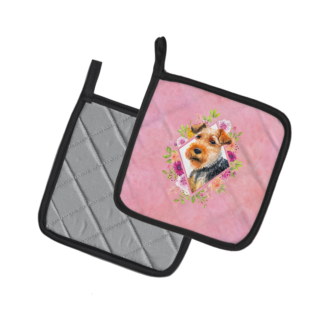 Welsh Terrier Pink Flowers Pot Holder Set of 2 Heat Resistant Quilted Hot Pads 7.5 x 7.5 Inch, Insulated Kitchen Trivets for Cooking & Baking