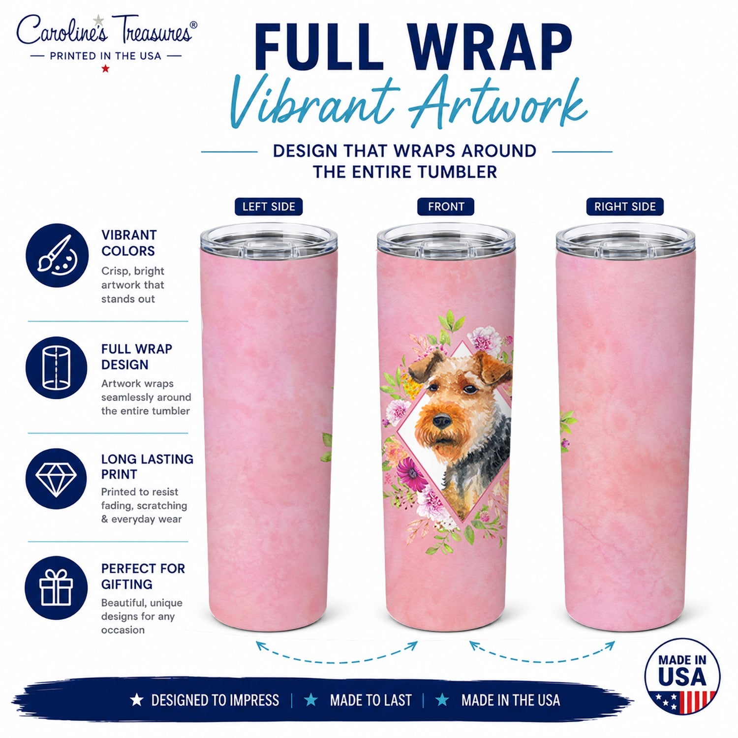 Welsh Terrier Pink Flowers Stainless Steel Skinny Tumbler 20 oz Vacuum Double Walled Reusable Insulated Travel Cup