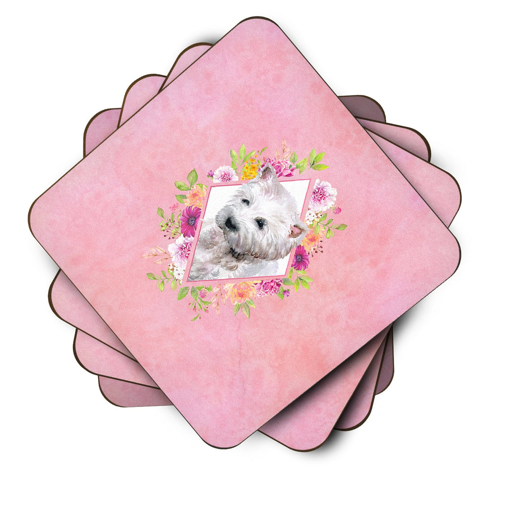 West Highland White Terrier Pink Flowers Foam Coasters Set of 4 Cup Coasters for Indoor Outdoor, Tabletop Protection, Anti Slip, Mouse pad Material