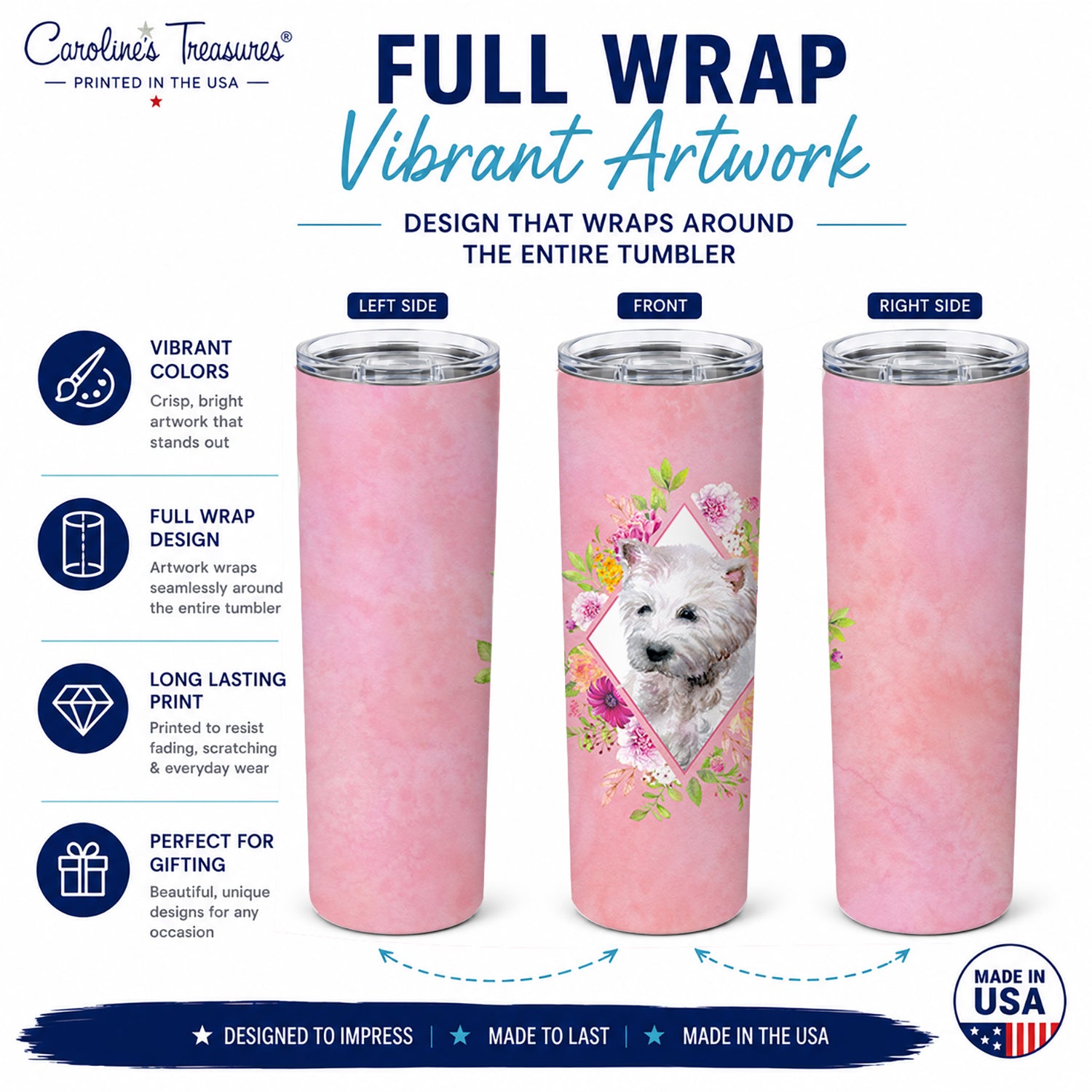 West Highland White Terrier Pink Flowers Stainless Steel Skinny Tumbler 20 oz Vacuum Double Walled Reusable Insulated Travel Cup