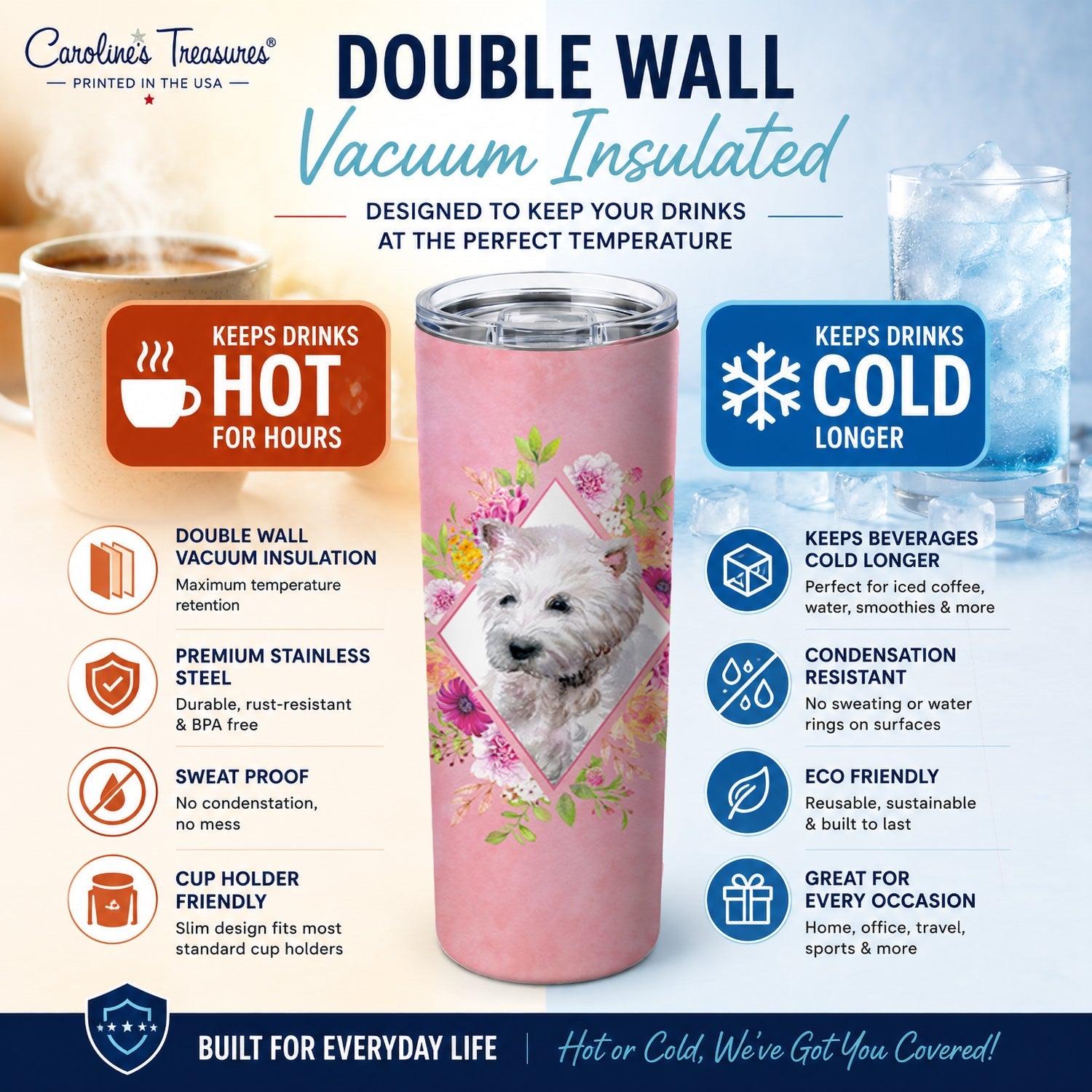 West Highland White Terrier Pink Flowers Stainless Steel Skinny Tumbler 20 oz Vacuum Double Walled Reusable Insulated Travel Cup