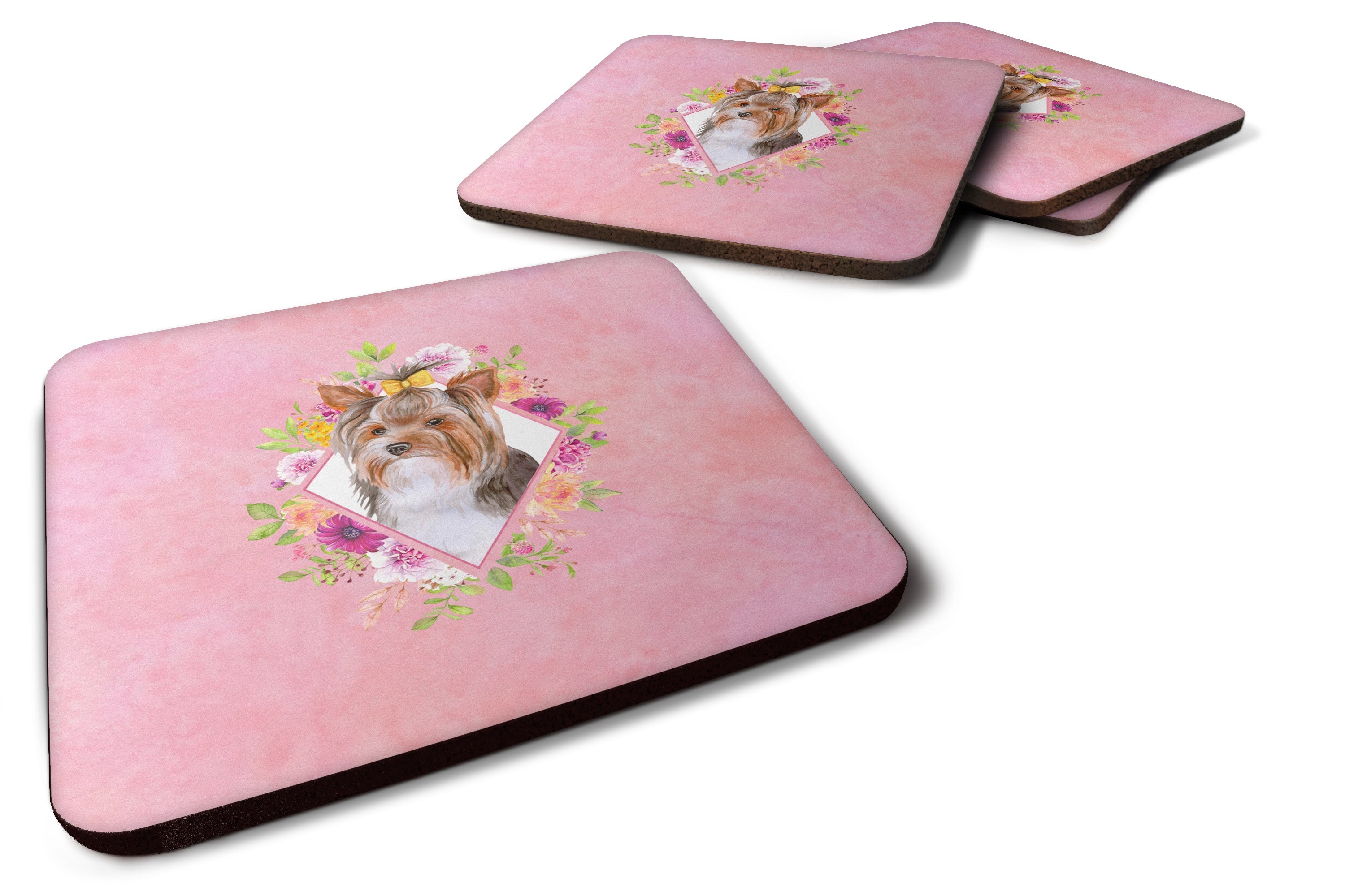 Yorkshire Terrier #1 Pink Flowers Foam Coasters Set of 4 Cup Coasters for Indoor Outdoor, Tabletop Protection, Anti Slip, Mouse pad Material