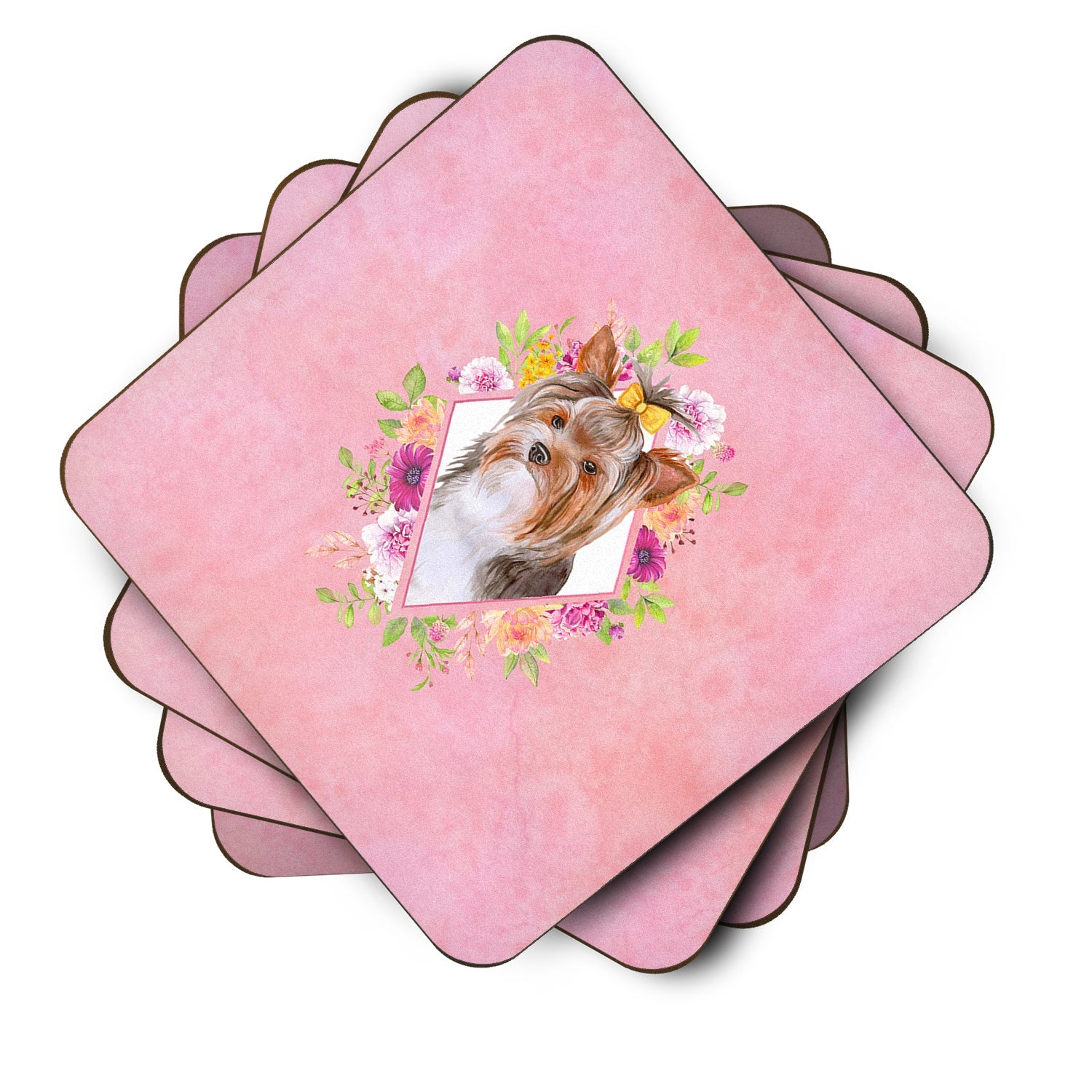 Yorkshire Terrier #1 Pink Flowers Foam Coasters Set of 4 Cup Coasters for Indoor Outdoor, Tabletop Protection, Anti Slip, Mouse pad Material