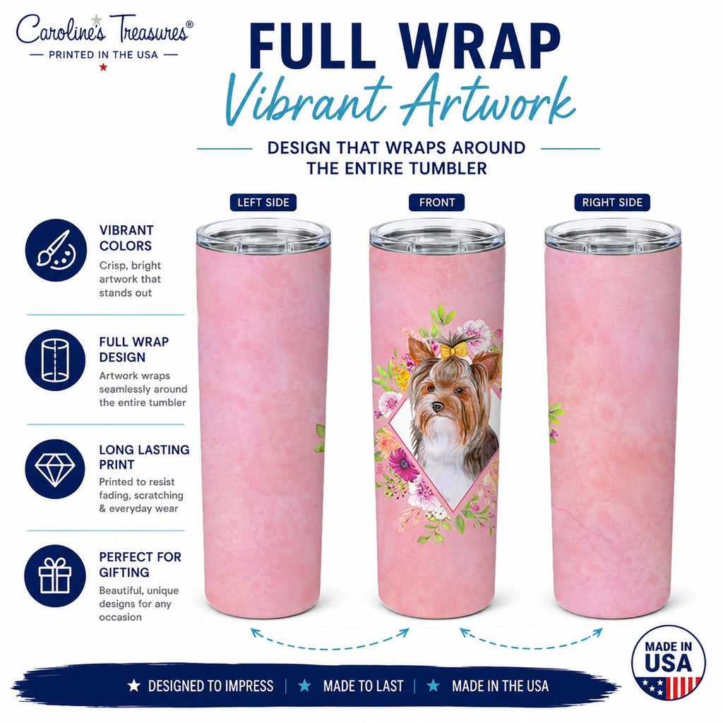 Yorkshire Terrier #1 Pink Flowers Stainless Steel Skinny Tumbler 20 oz Vacuum Double Walled Reusable Insulated Travel Cup
