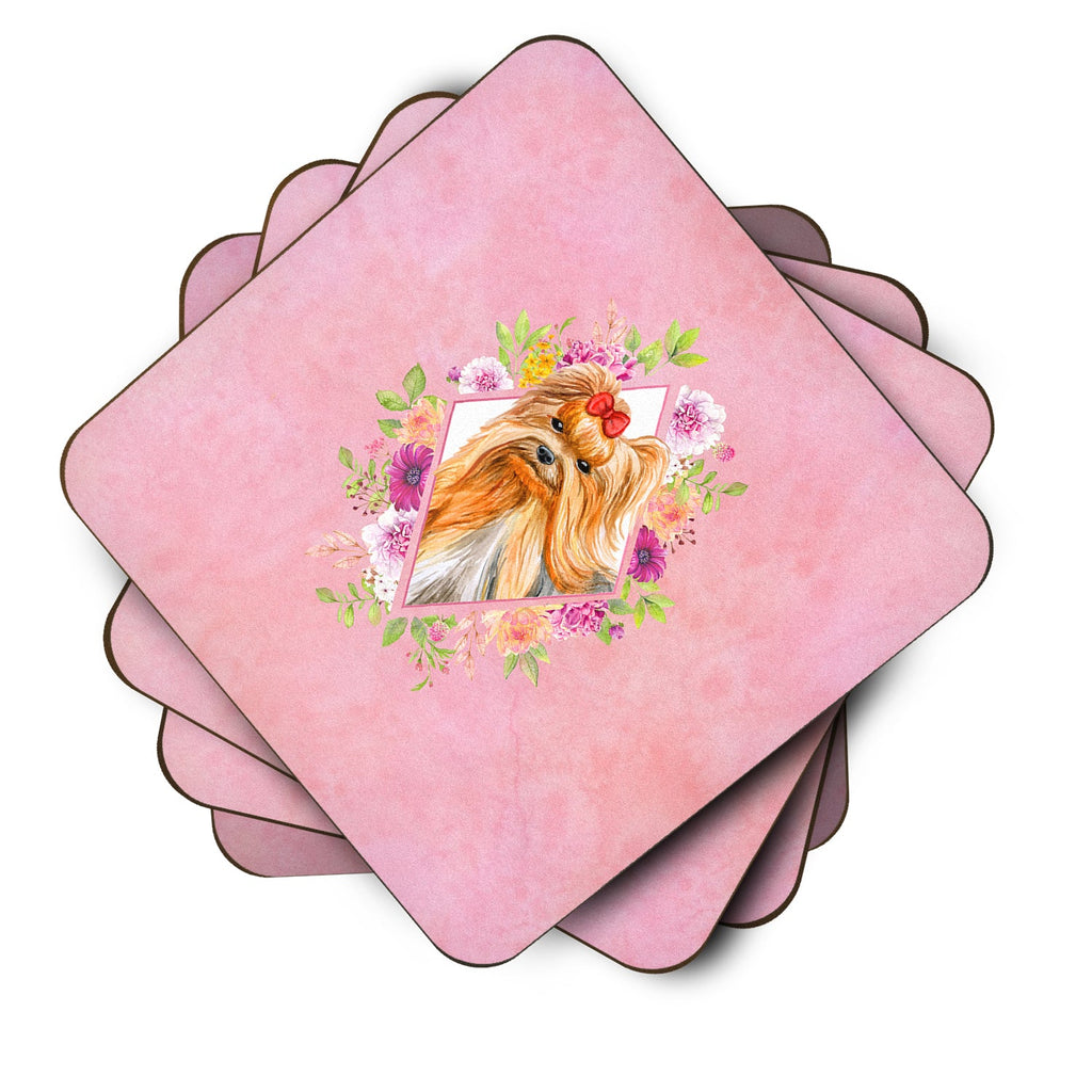 Yorkshire Terrier #2 Pink Flowers Foam Coasters Set of 4 Cup Coasters for Indoor Outdoor, Tabletop Protection, Anti Slip, Mouse pad Material
