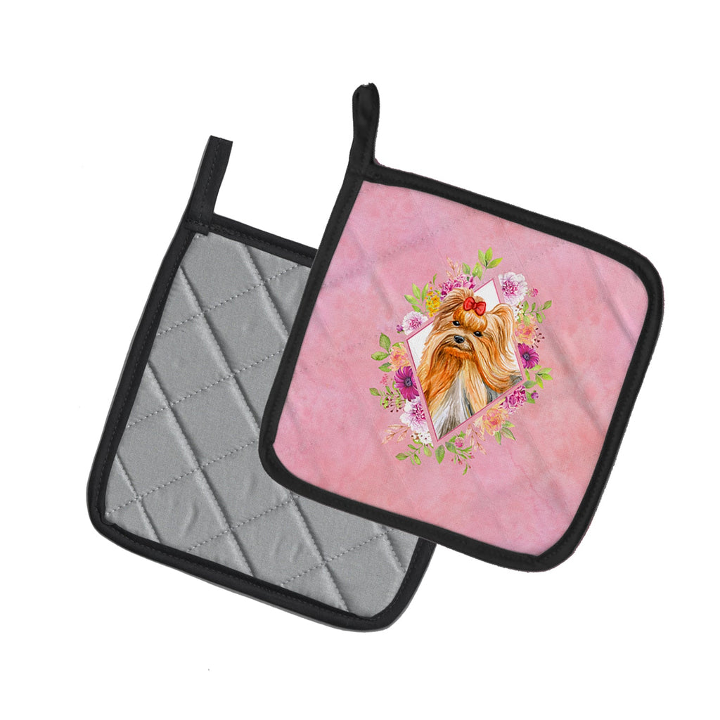 Yorkshire Terrier #2 Pink Flowers Pot Holder Set of 2 Heat Resistant Quilted Hot Pads 7.5 x 7.5 Inch, Insulated Kitchen Trivets for Cooking & Baking