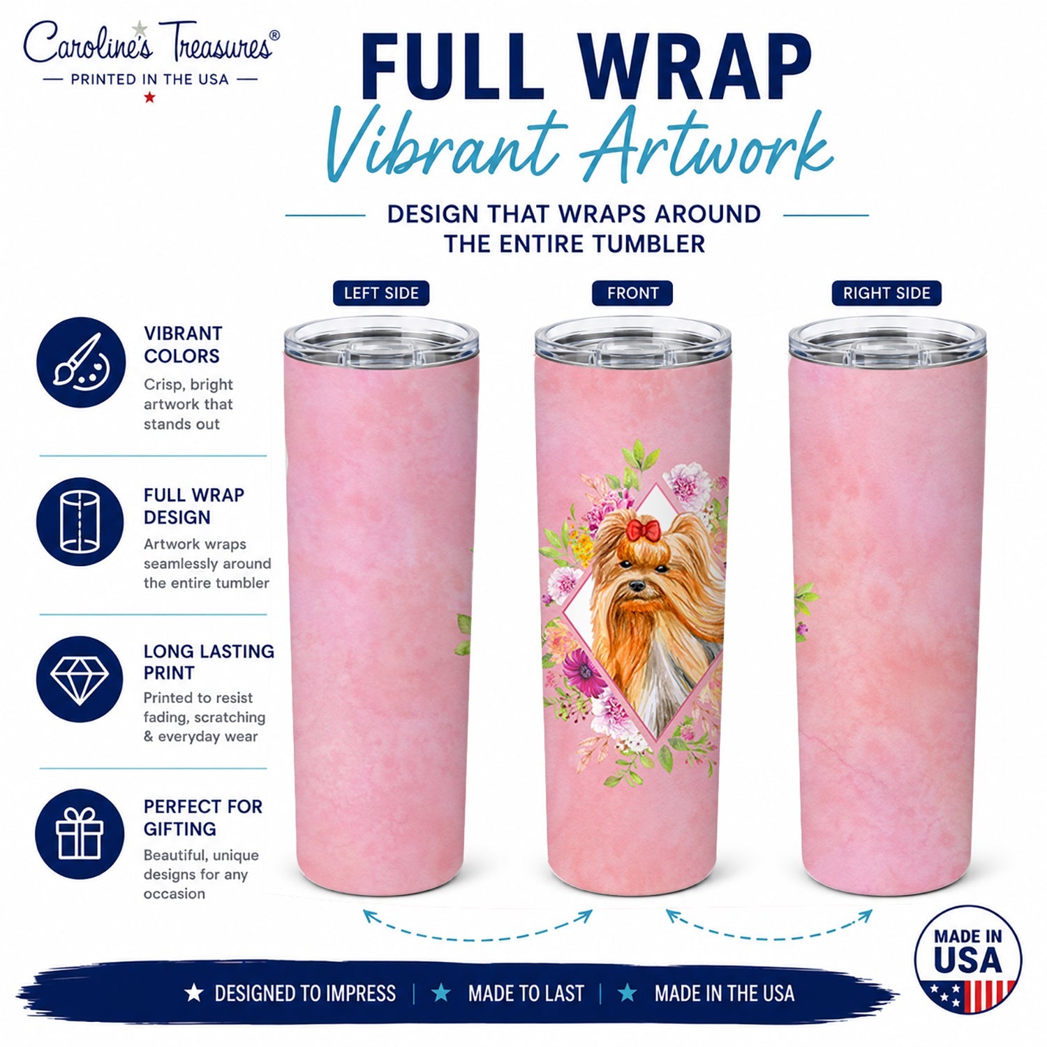 Yorkshire Terrier #2 Pink Flowers Stainless Steel Skinny Tumbler 20 oz Vacuum Double Walled Reusable Insulated Travel Cup