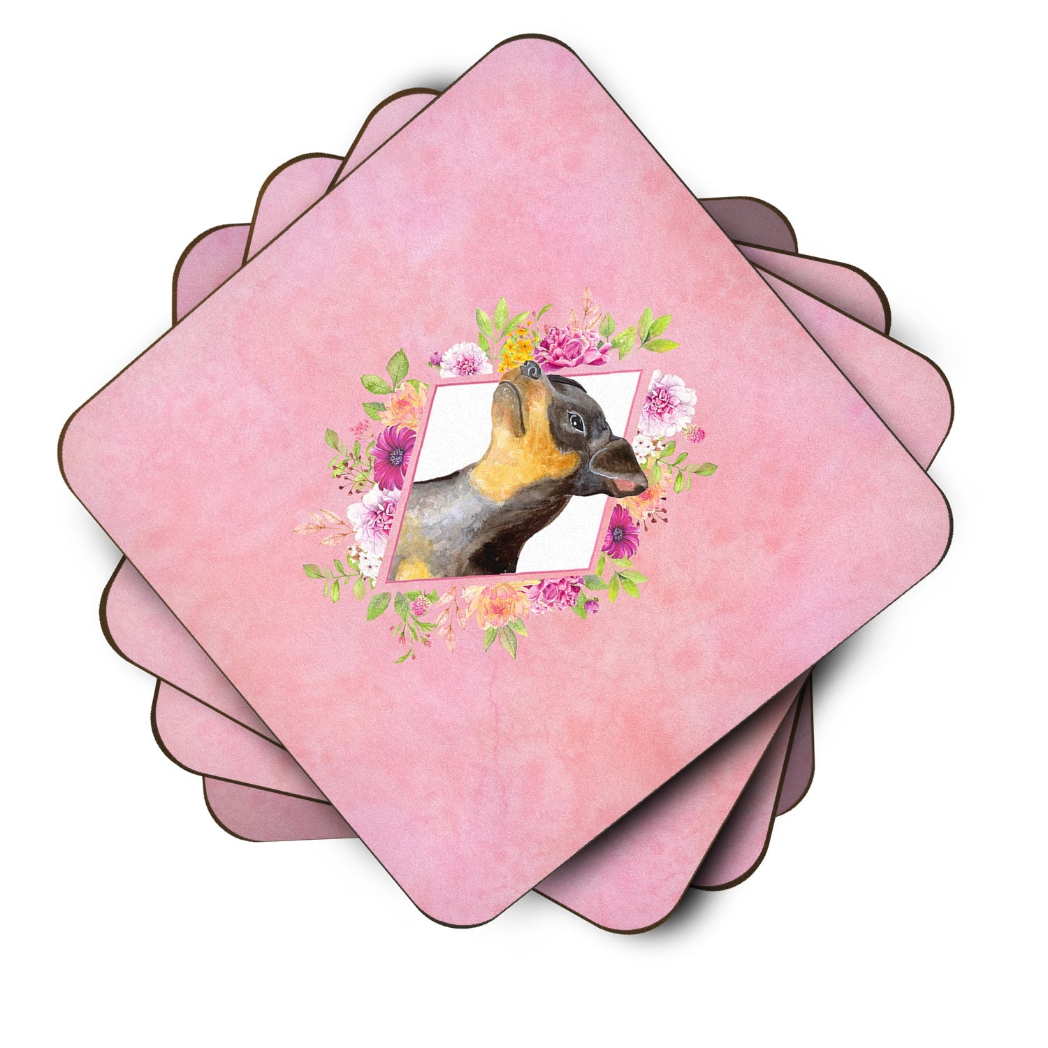 Black Miniature Pinscher Pink Flowers Foam Coasters Set of 4 Cup Coasters for Indoor Outdoor, Tabletop Protection, Anti Slip, Mouse pad Material