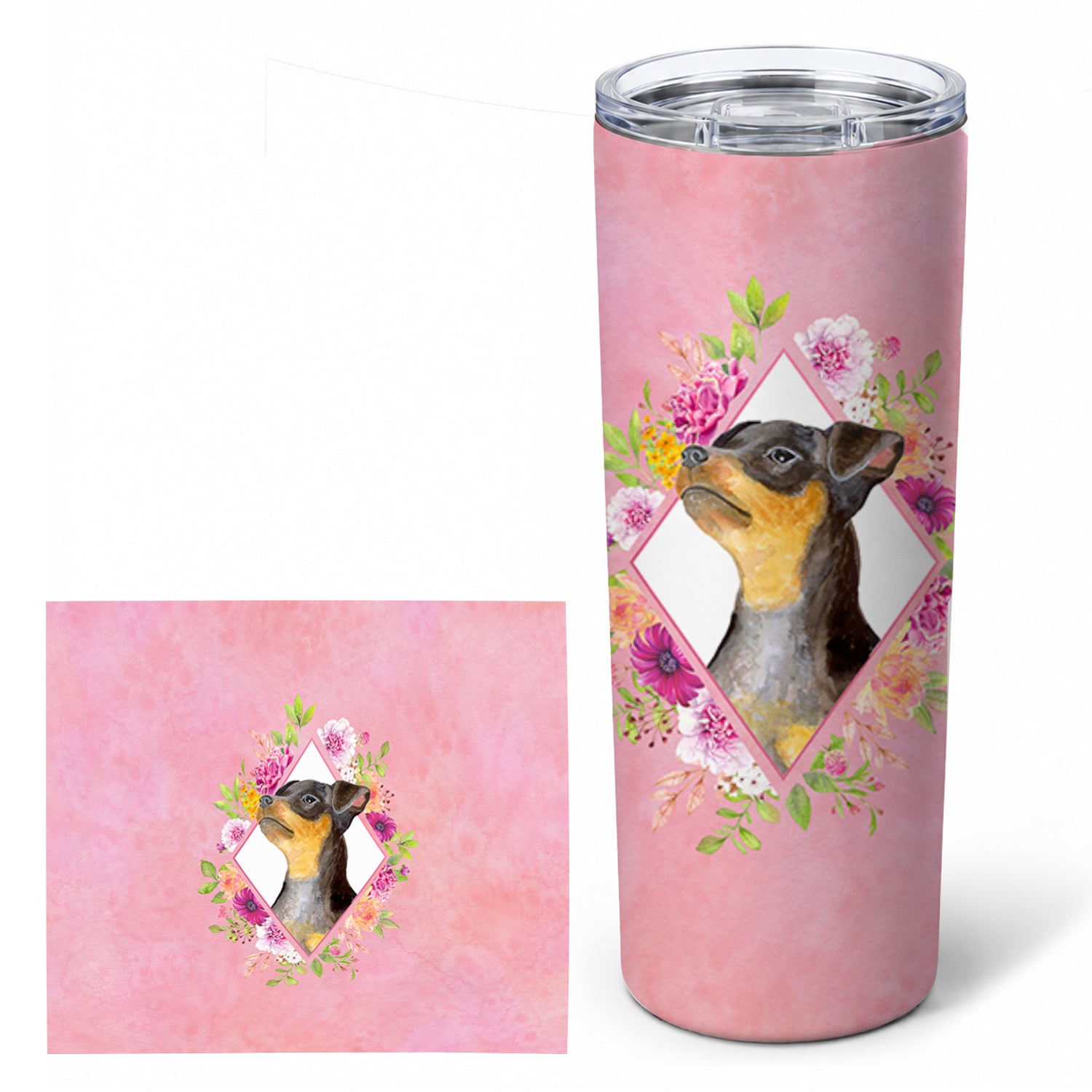 Black Miniature Pinscher Pink Flowers Stainless Steel Skinny Tumbler 20 oz Vacuum Double Walled Reusable Insulated Travel Cup