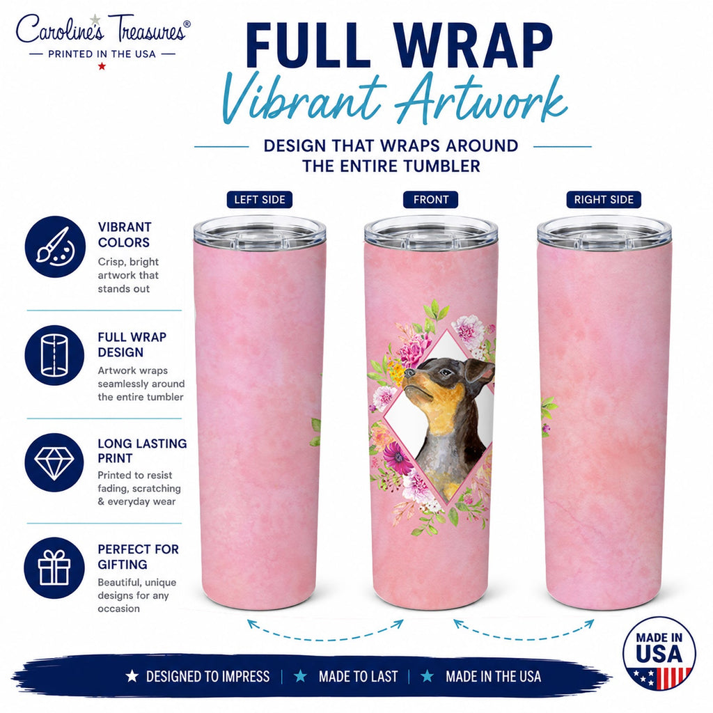 Black Miniature Pinscher Pink Flowers Stainless Steel Skinny Tumbler 20 oz Vacuum Double Walled Reusable Insulated Travel Cup
