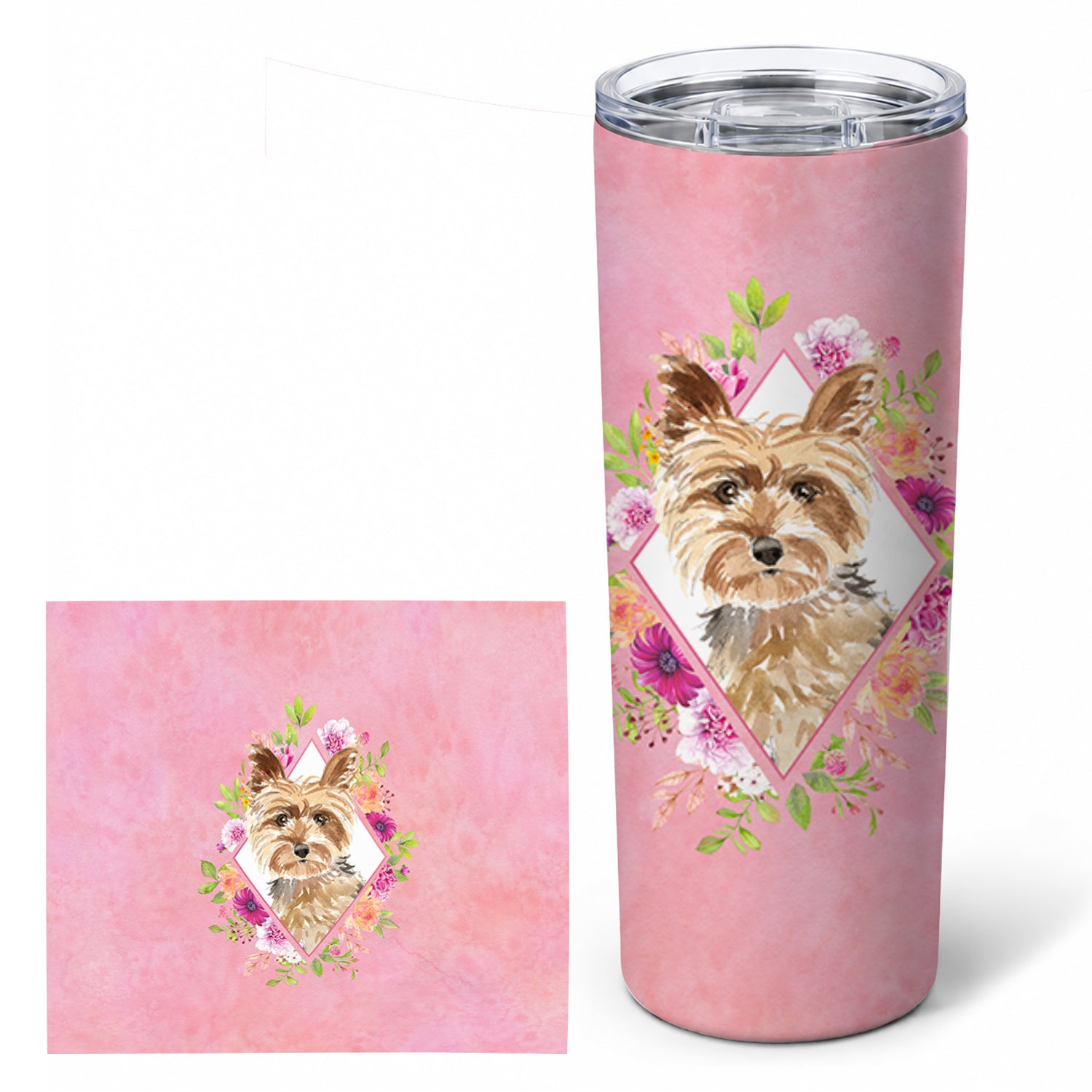 Yorkie Pink Flowers Stainless Steel Skinny Tumbler 20 oz Vacuum Double Walled Reusable Insulated Travel Cup