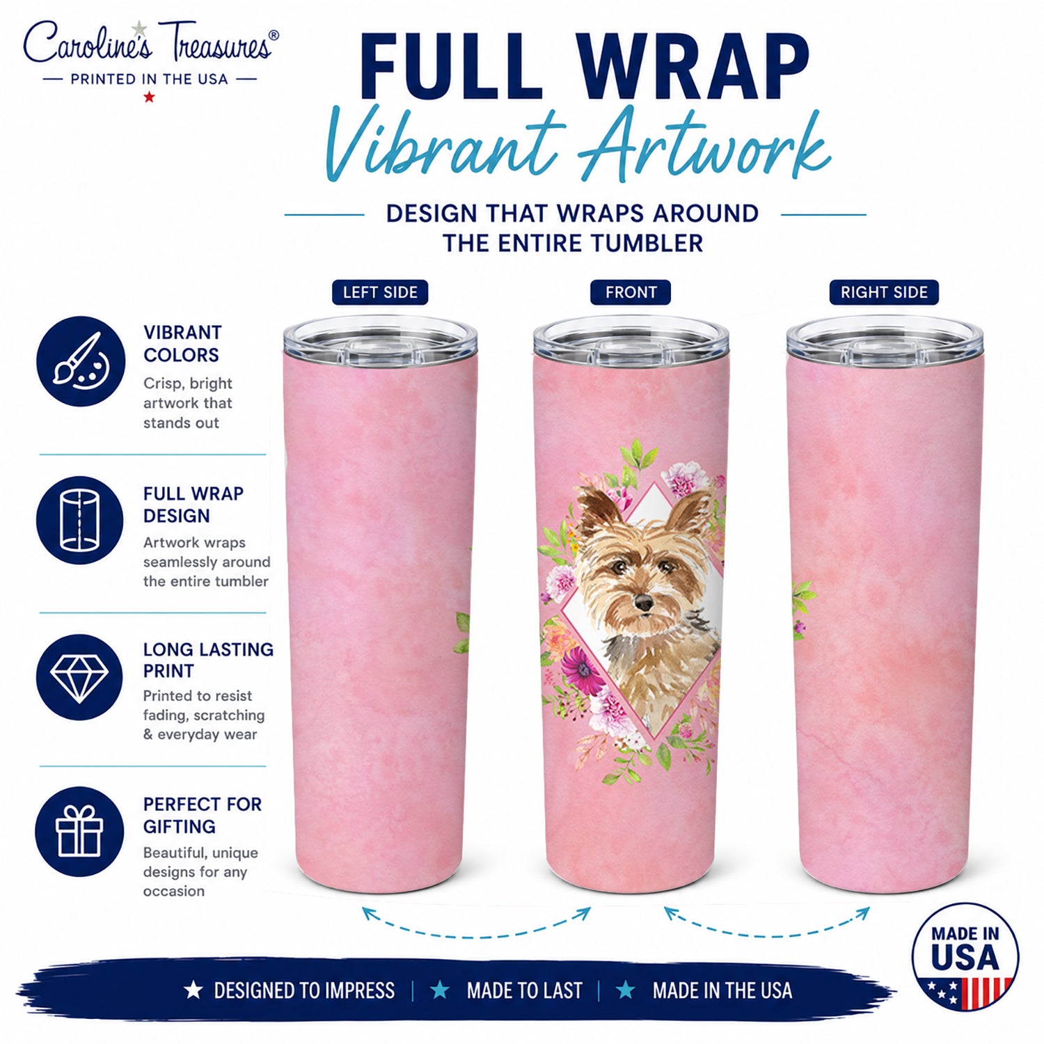 Yorkie Pink Flowers Stainless Steel Skinny Tumbler 20 oz Vacuum Double Walled Reusable Insulated Travel Cup
