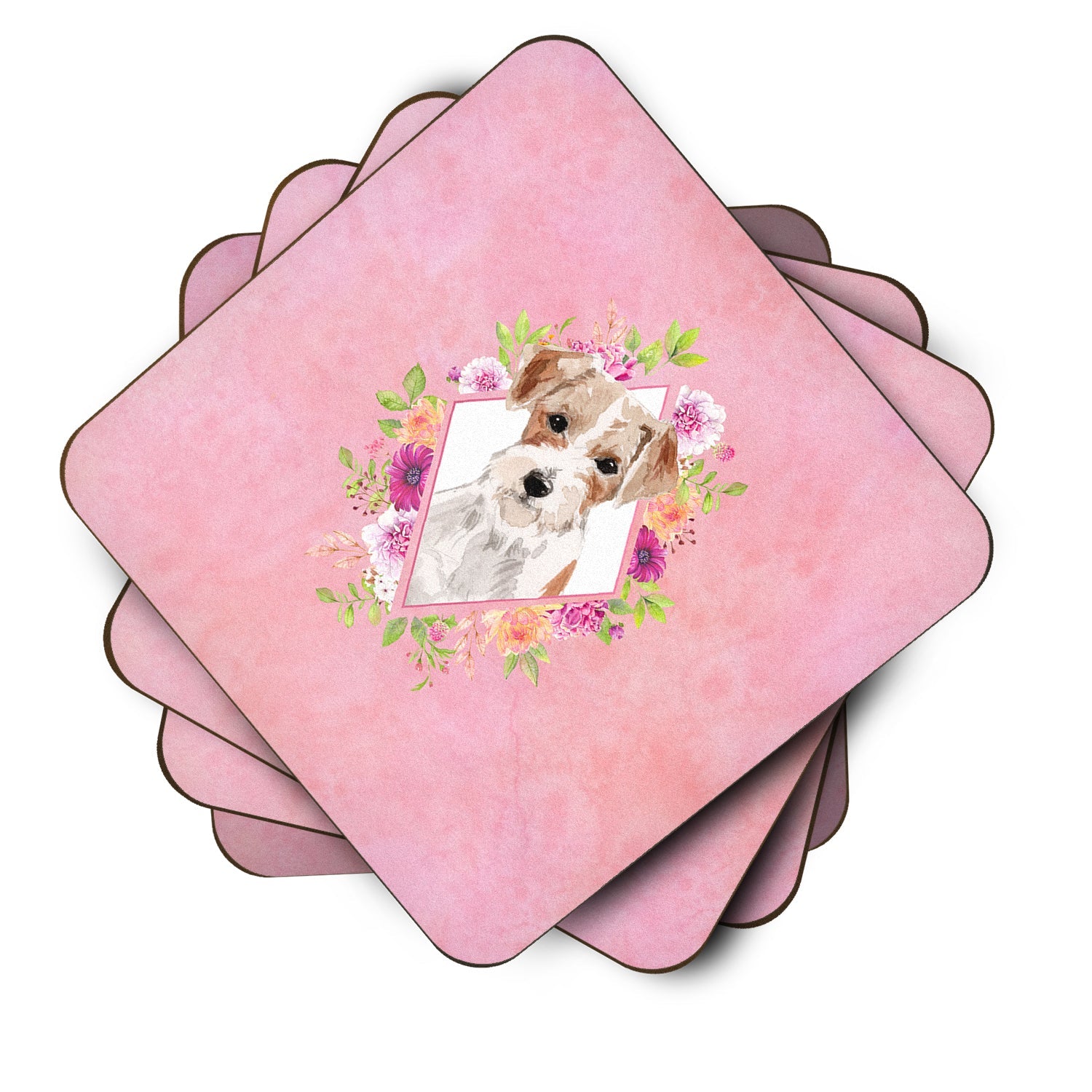 Jack Russell Terrier Pink Flowers Foam Coasters Set of 4 Cup Coasters for Indoor Outdoor, Tabletop Protection, Anti Slip, Mouse pad Material