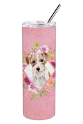 Jack Russell Terrier Pink Flowers Stainless Steel Skinny Tumbler 20 oz Vacuum Double Walled Reusable Insulated Travel Cup