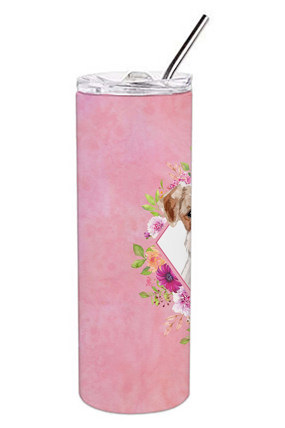 Jack Russell Terrier Pink Flowers Stainless Steel Skinny Tumbler 20 oz Vacuum Double Walled Reusable Insulated Travel Cup