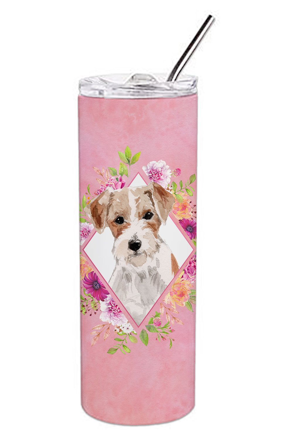 Jack Russell Terrier Pink Flowers Stainless Steel Skinny Tumbler 20 oz Vacuum Double Walled Reusable Insulated Travel Cup