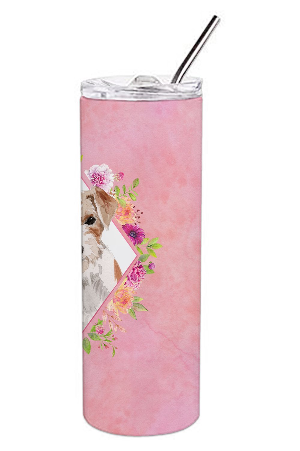 Jack Russell Terrier Pink Flowers Stainless Steel Skinny Tumbler 20 oz Vacuum Double Walled Reusable Insulated Travel Cup