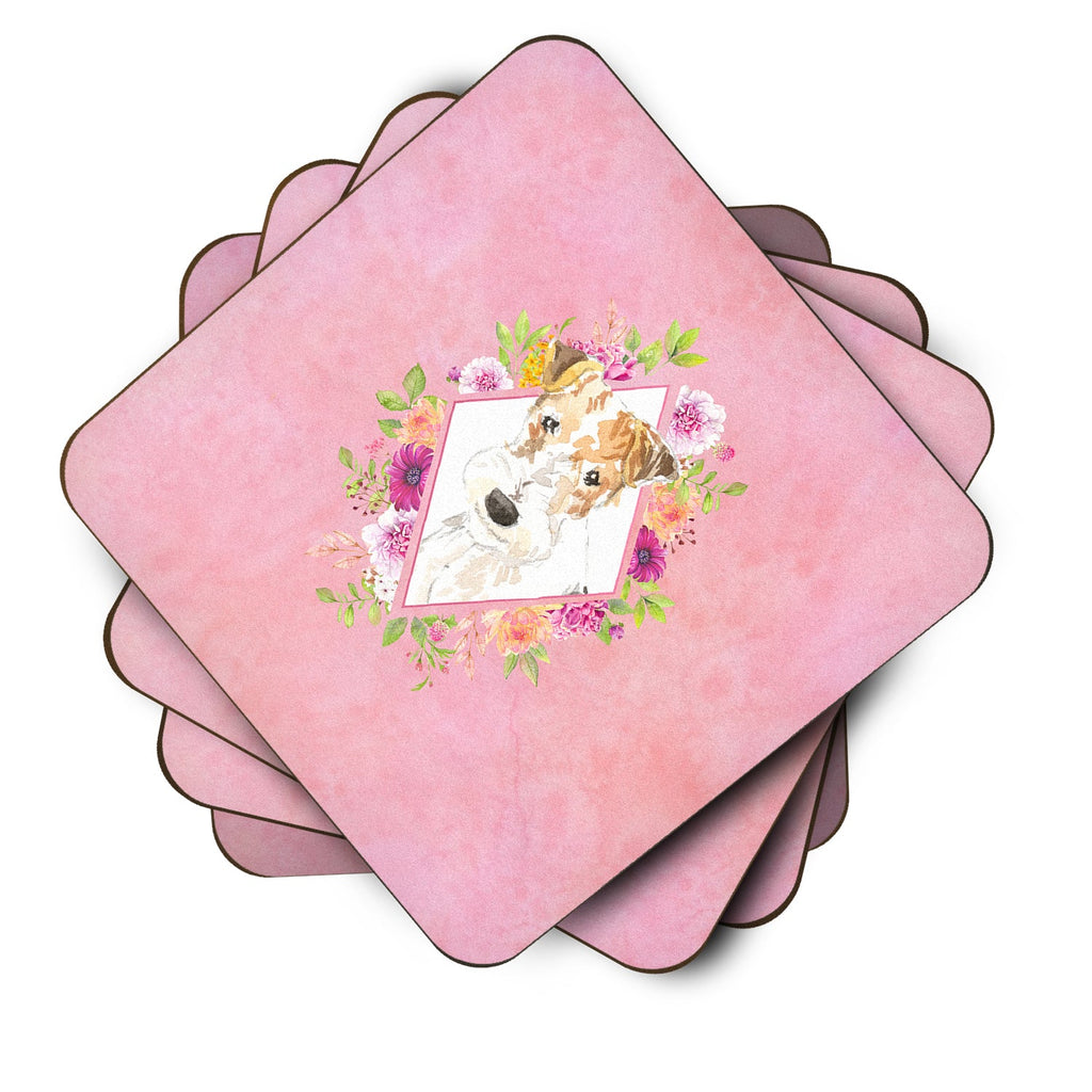 Fox Terrier Pink Flowers Foam Coasters Set of 4 Cup Coasters for Indoor Outdoor, Tabletop Protection, Anti Slip, Mouse pad Material