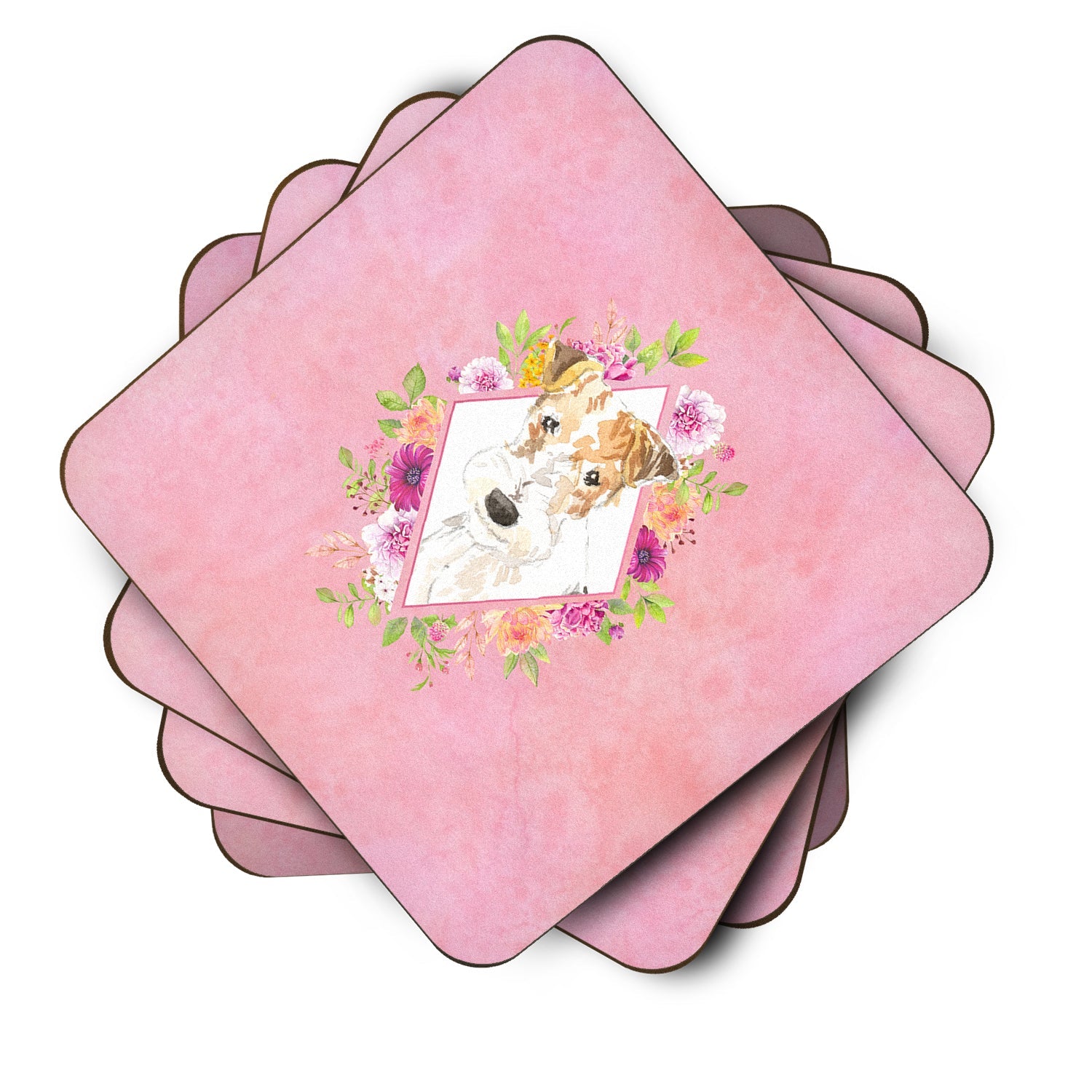 Fox Terrier Pink Flowers Foam Coasters Set of 4 Cup Coasters for Indoor Outdoor, Tabletop Protection, Anti Slip, Mouse pad Material