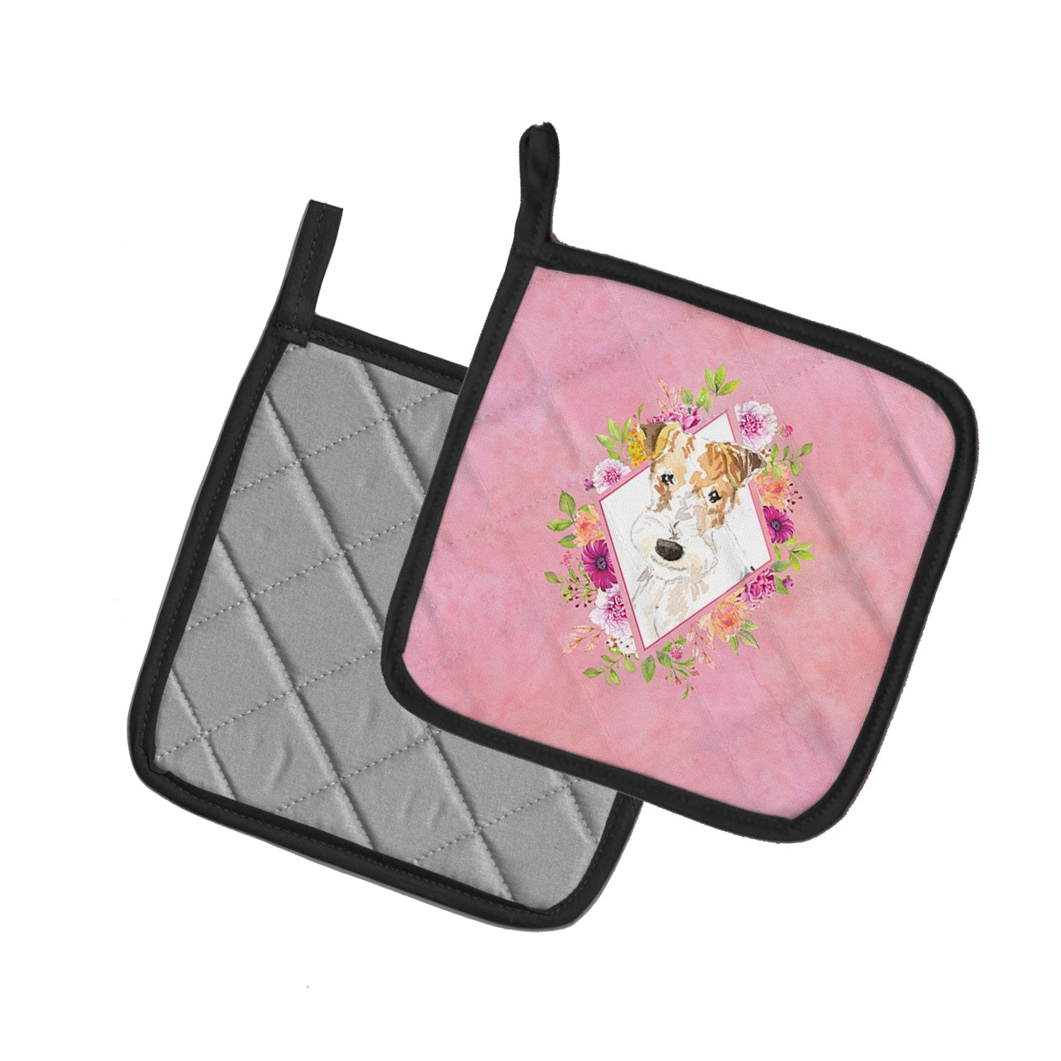 Fox Terrier Pink Flowers Pot Holder Set of 2 Heat Resistant Quilted Hot Pads 7.5 x 7.5 Inch, Insulated Kitchen Trivets for Cooking & Baking