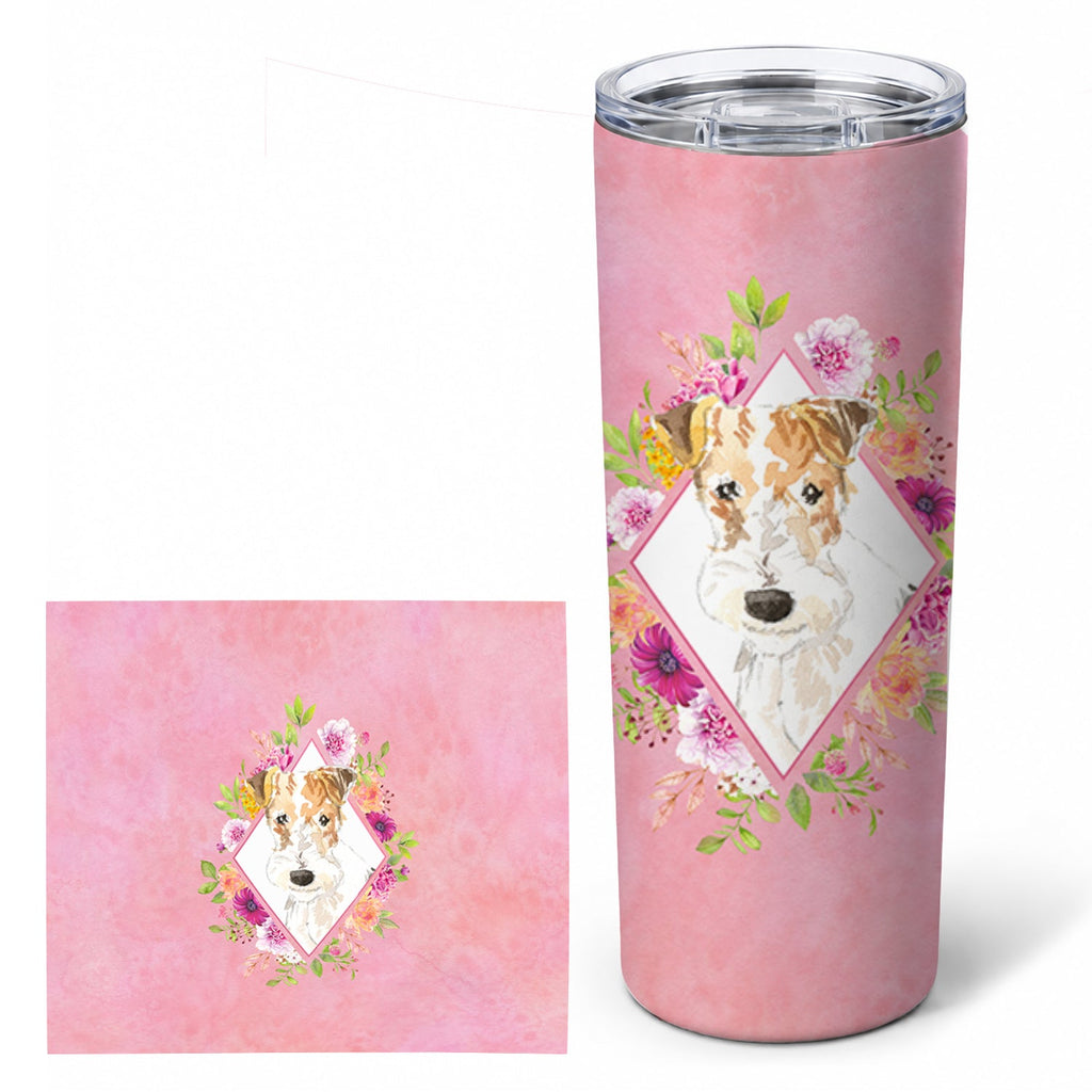 Fox Terrier Pink Flowers Stainless Steel Skinny Tumbler 20 oz Vacuum Double Walled Reusable Insulated Travel Cup