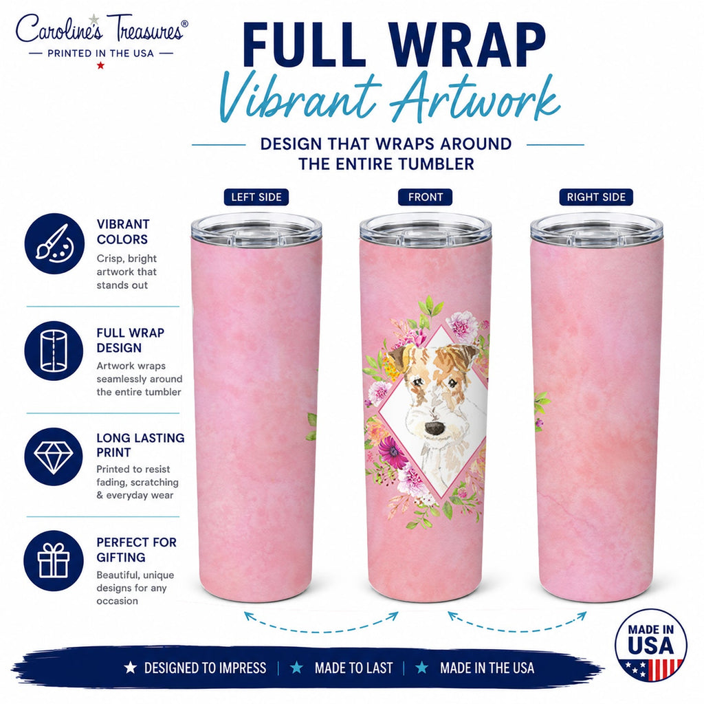Fox Terrier Pink Flowers Stainless Steel Skinny Tumbler 20 oz Vacuum Double Walled Reusable Insulated Travel Cup