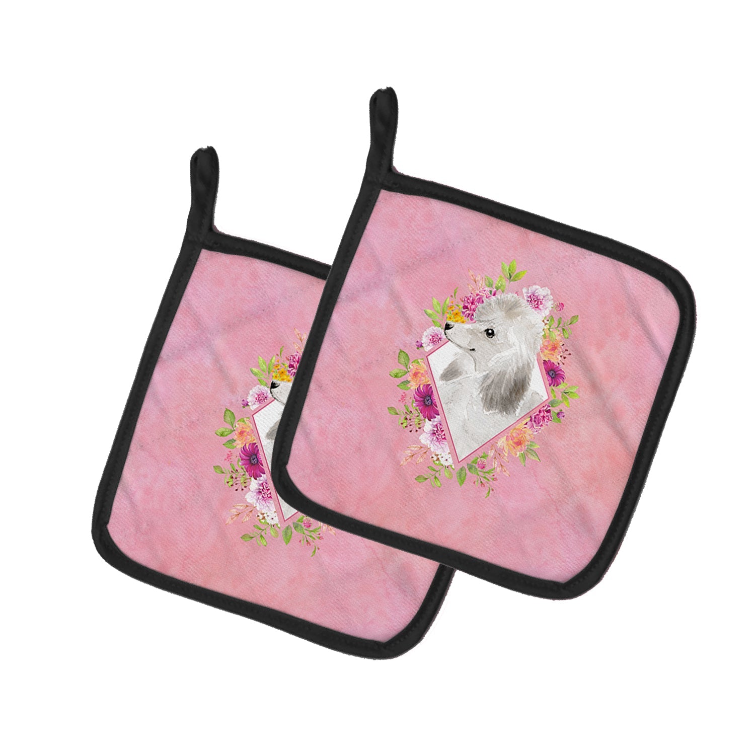 White Standard Poodle Pink Flowers Pot Holder Set of 2 Heat Resistant Quilted Hot Pads 7.5 x 7.5 Inch, Insulated Kitchen Trivets for Cooking & Baking