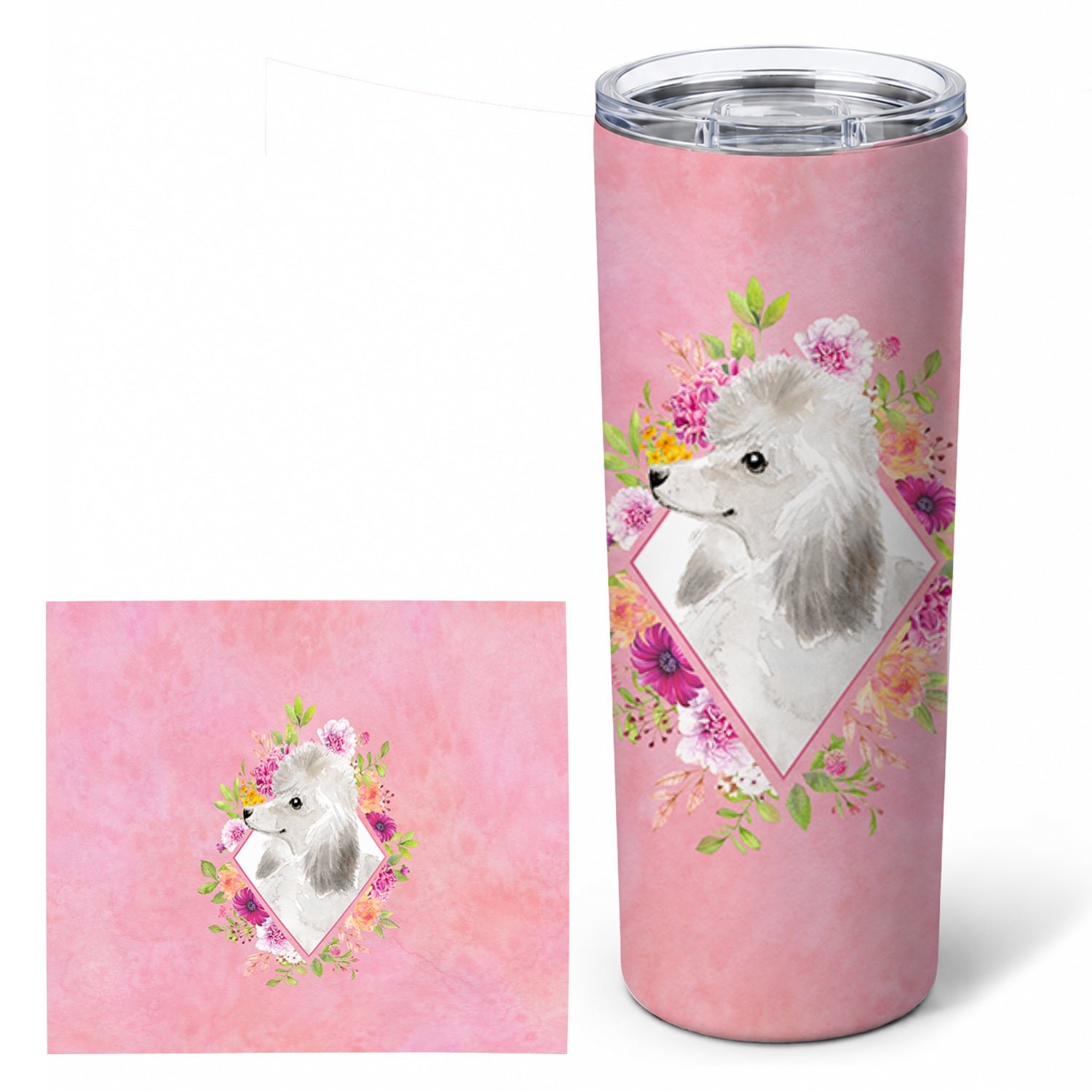 White Standard Poodle Pink Flowers Stainless Steel Skinny Tumbler 20 oz Vacuum Double Walled Reusable Insulated Travel Cup