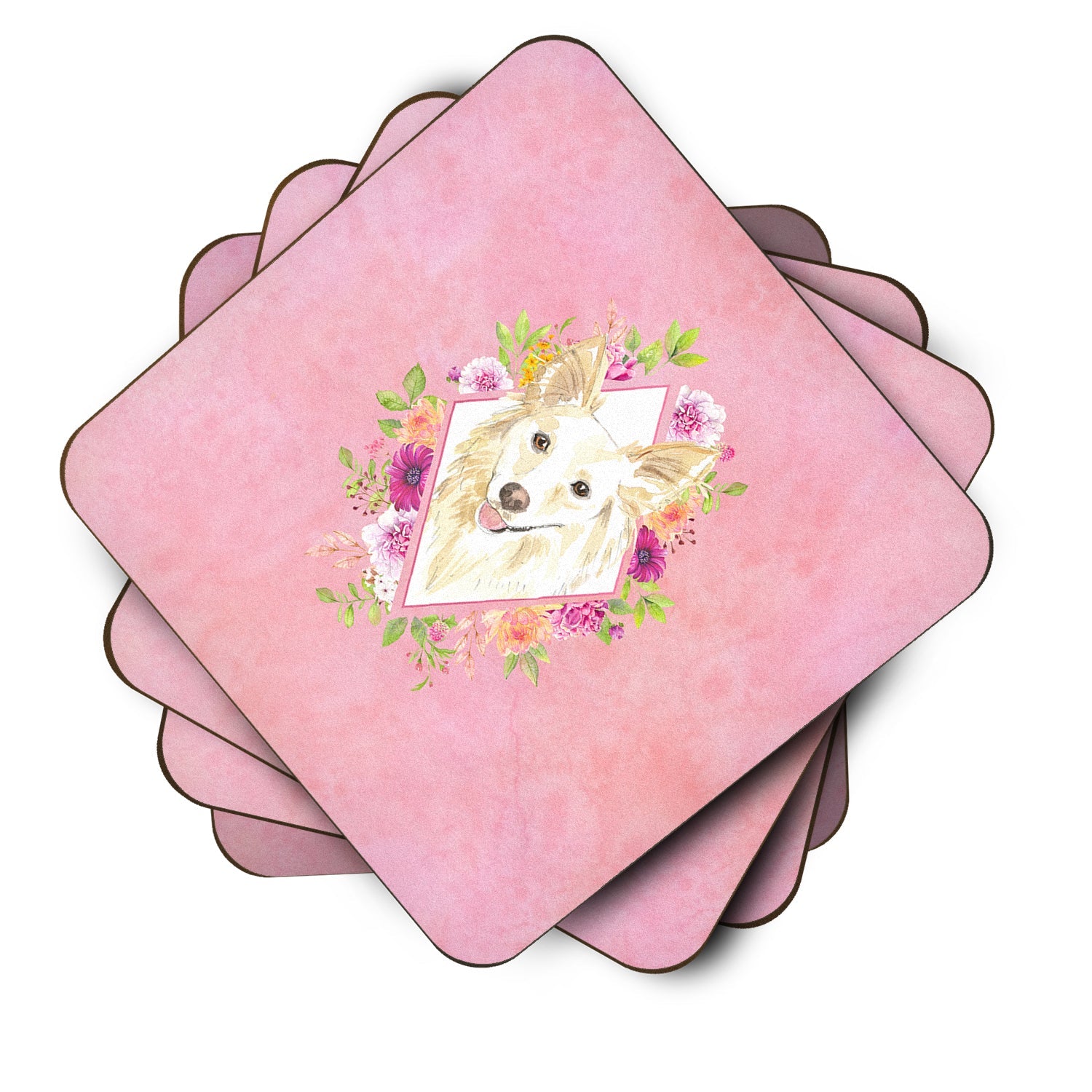White Collie Pink Flowers Foam Coasters Set of 4 Cup Coasters for Indoor Outdoor, Tabletop Protection, Anti Slip, Mouse pad Material