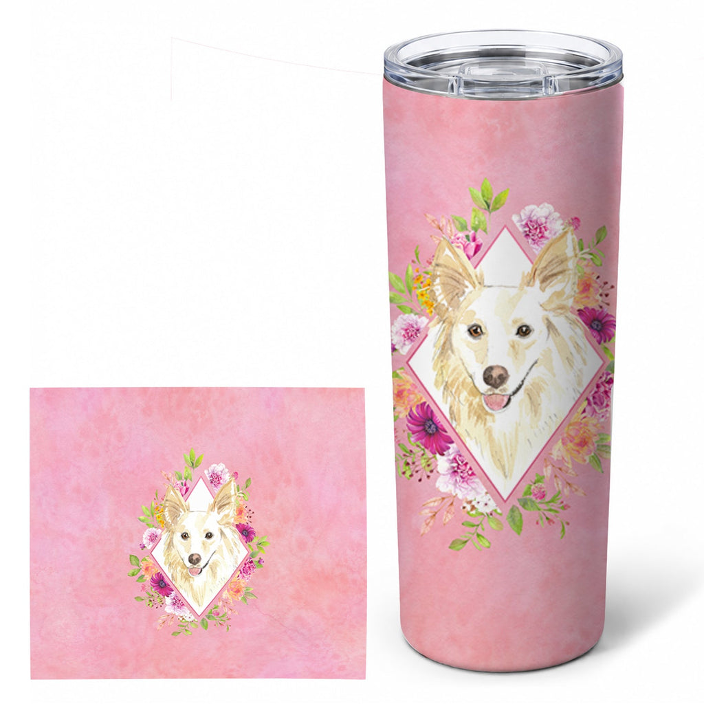 White Collie Pink Flowers Stainless Steel Skinny Tumbler 20 oz Vacuum Double Walled Reusable Insulated Travel Cup