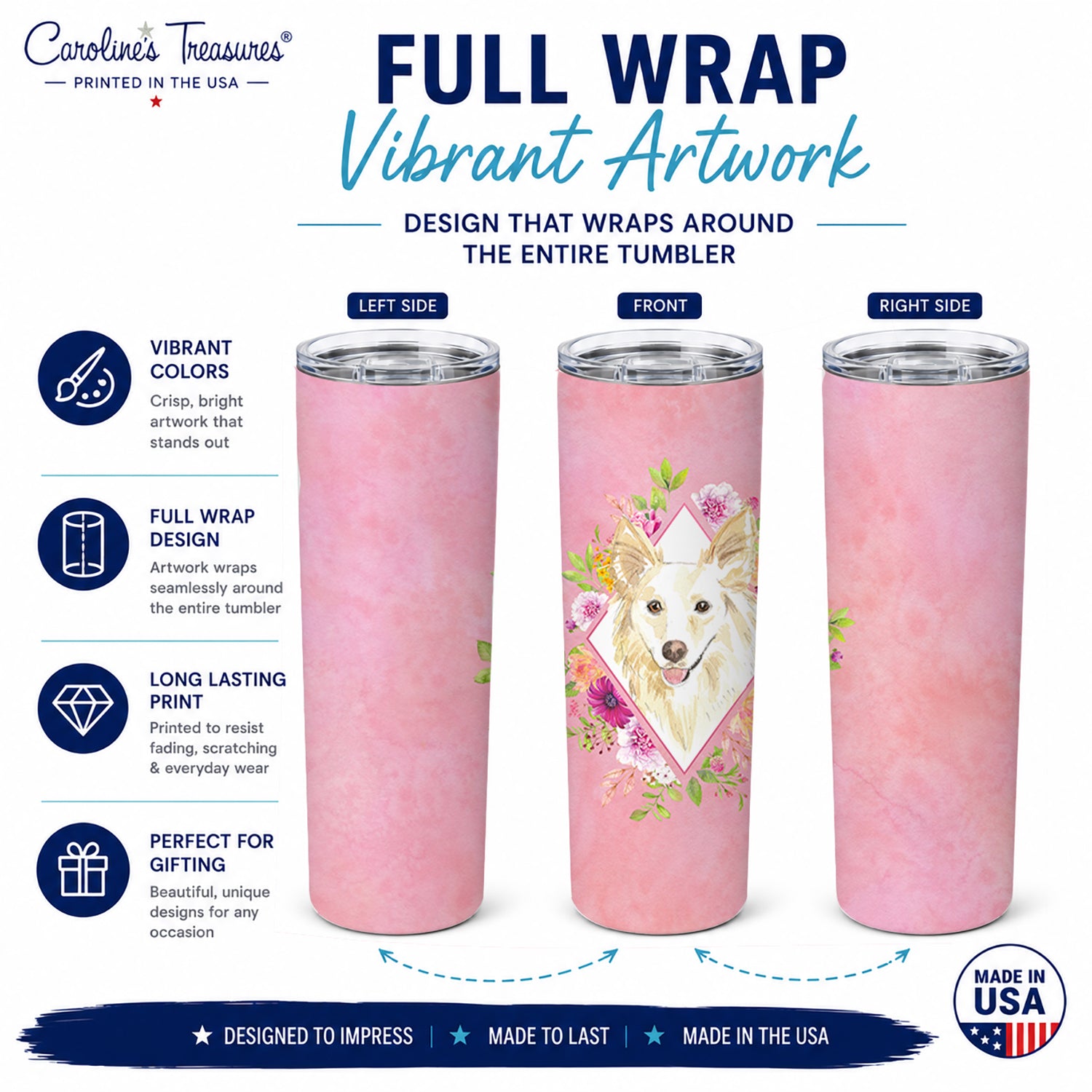 White Collie Pink Flowers Stainless Steel Skinny Tumbler 20 oz Vacuum Double Walled Reusable Insulated Travel Cup