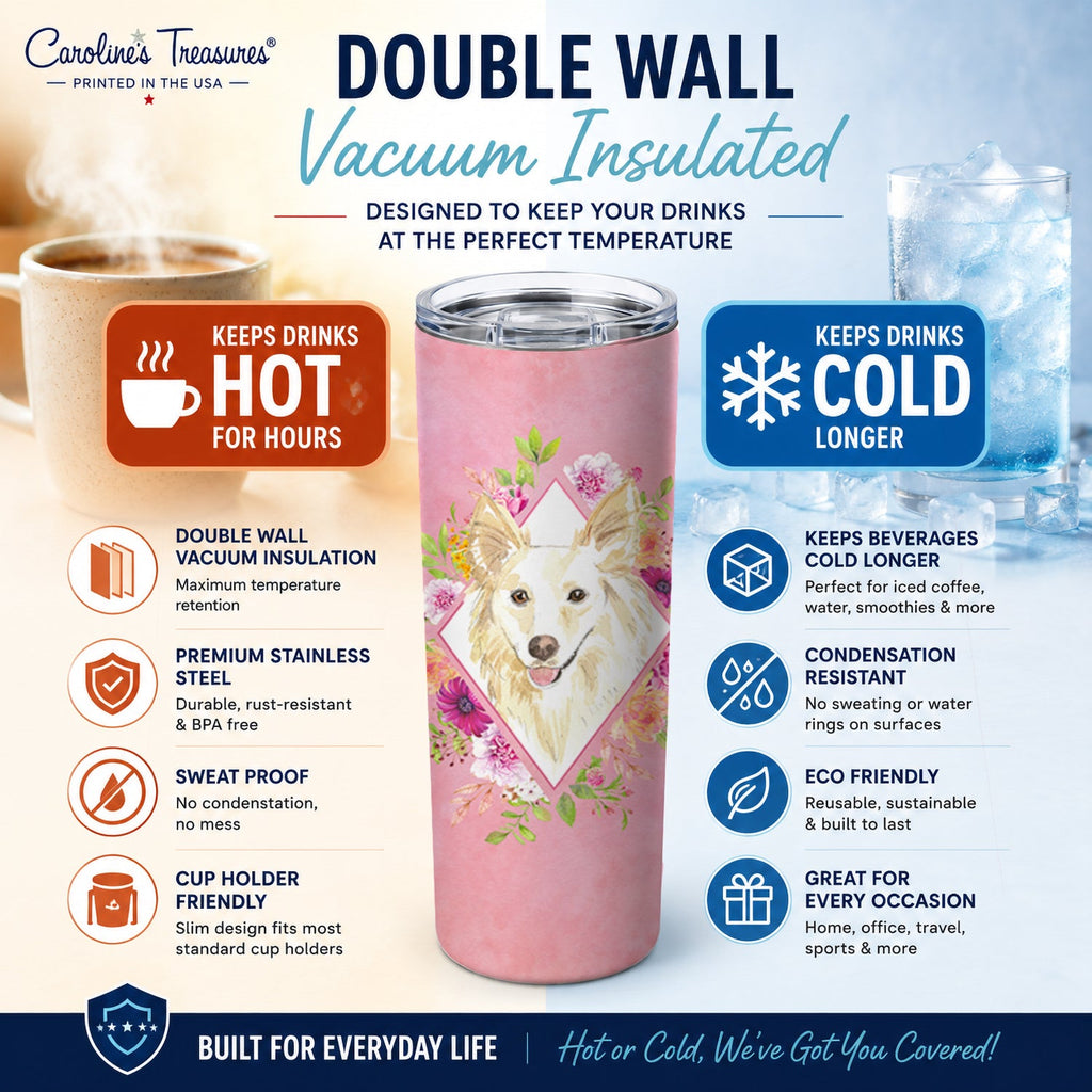 White Collie Pink Flowers Stainless Steel Skinny Tumbler 20 oz Vacuum Double Walled Reusable Insulated Travel Cup