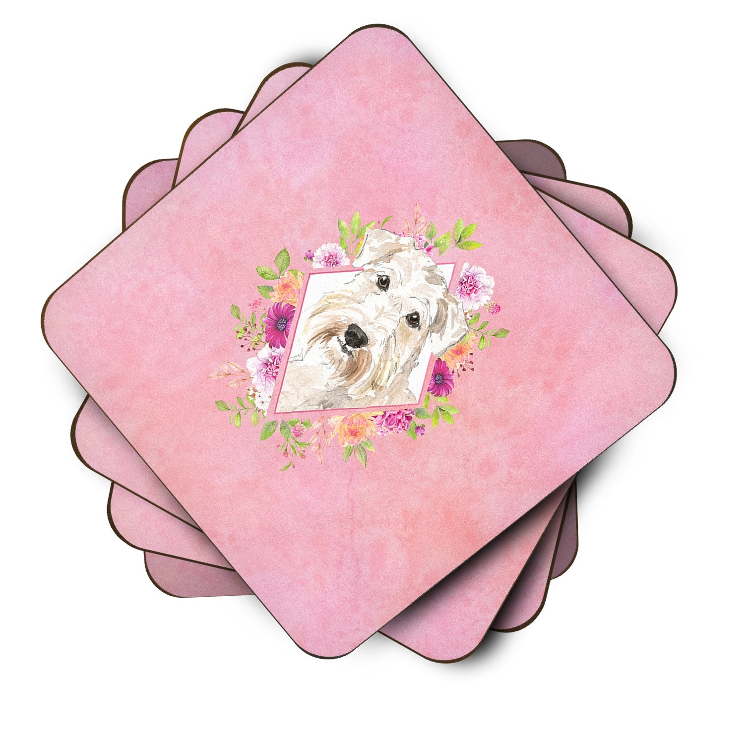 Wheaten Terrier Pink Flowers Foam Coasters Set of 4 Cup Coasters for Indoor Outdoor, Tabletop Protection, Anti Slip, Mouse pad Material