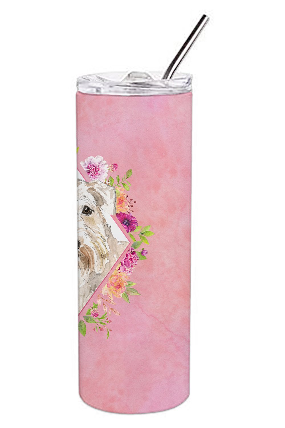 Wheaten Terrier Pink Flowers Stainless Steel Skinny Tumbler 20 oz Vacuum Double Walled Reusable Insulated Travel Cup