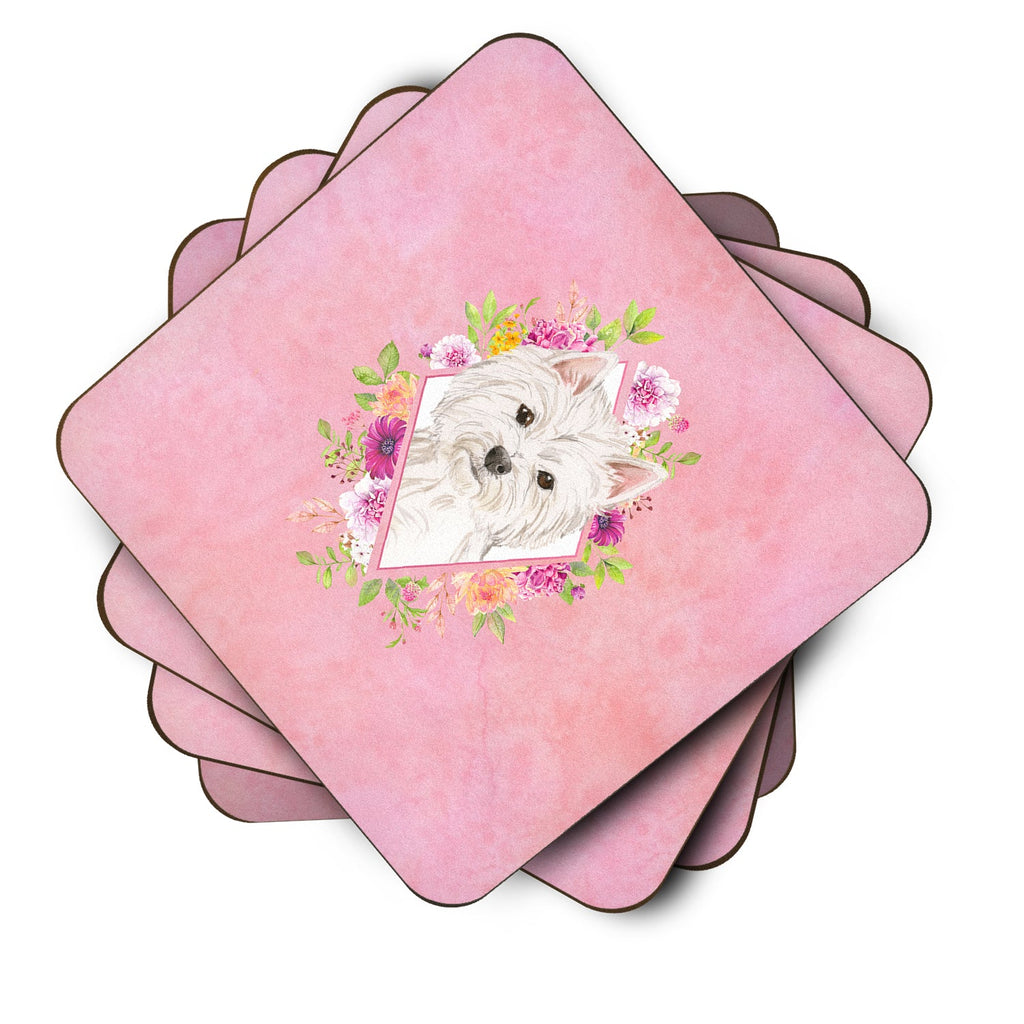 Westie  Pink Flowers Foam Coasters Set of 4 Cup Coasters for Indoor Outdoor, Tabletop Protection, Anti Slip, Mouse pad Material