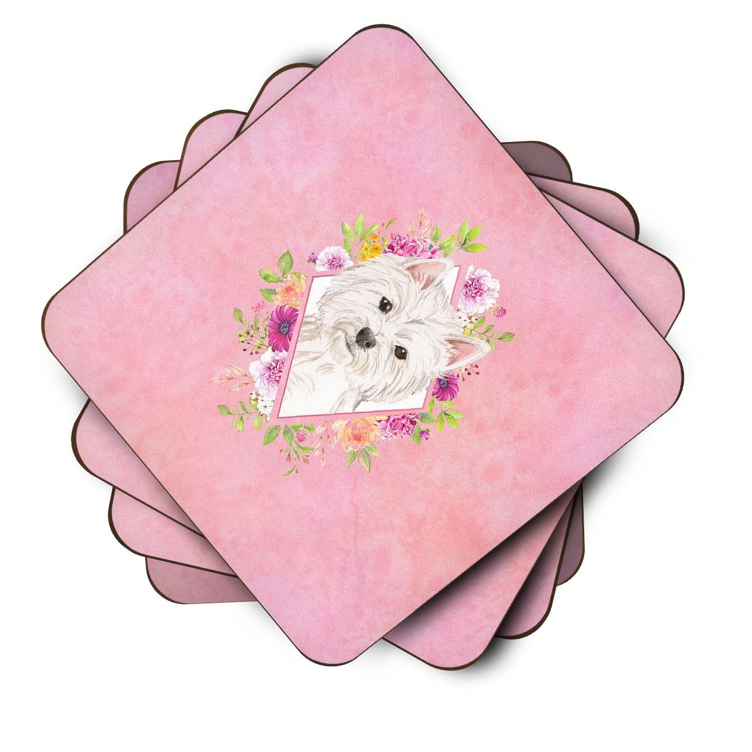 Westie  Pink Flowers Foam Coasters Set of 4 Cup Coasters for Indoor Outdoor, Tabletop Protection, Anti Slip, Mouse pad Material