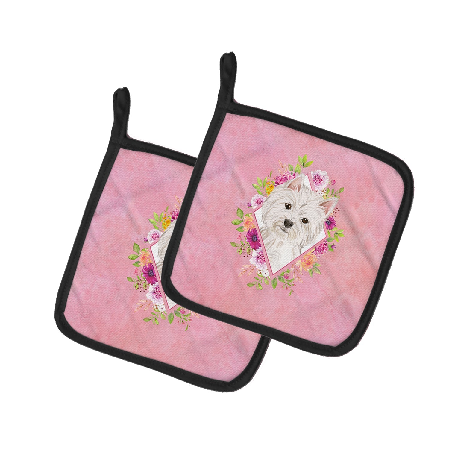 Westie  Pink Flowers Pot Holder Set of 2 Heat Resistant Quilted Hot Pads 7.5 x 7.5 Inch, Insulated Kitchen Trivets for Cooking & Baking