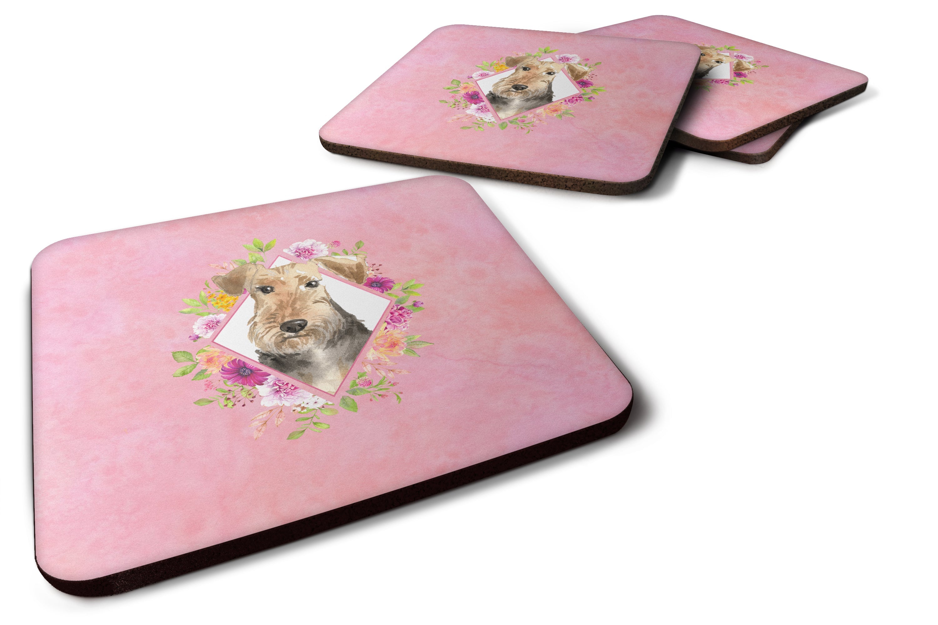 Airedale Terrier Pink Flowers Foam Coasters Set of 4 Cup Coasters for Indoor Outdoor, Tabletop Protection, Anti Slip, Mouse pad Material
