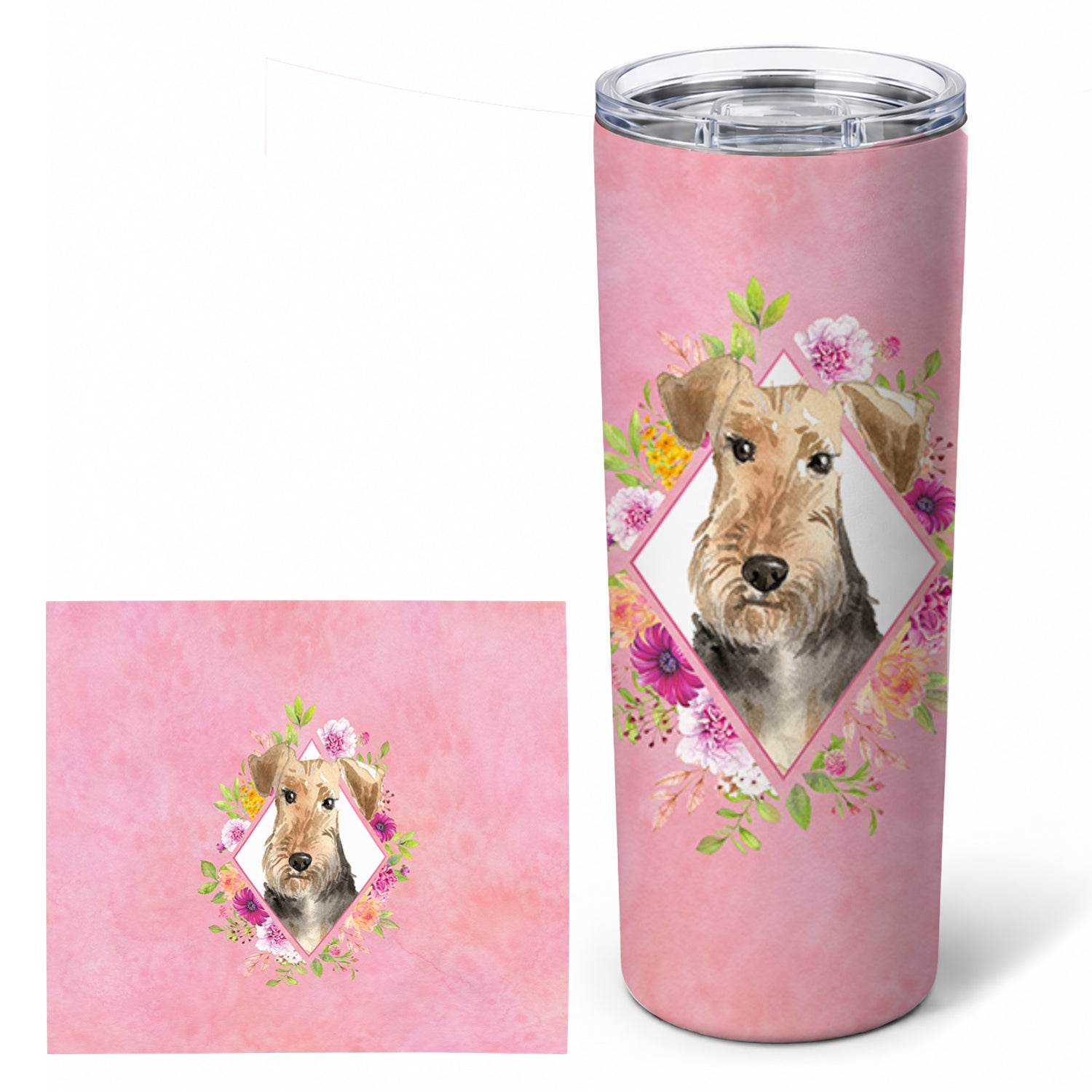 Airedale Terrier Pink Flowers Stainless Steel Skinny Tumbler 20 oz Vacuum Double Walled Reusable Insulated Travel Cup