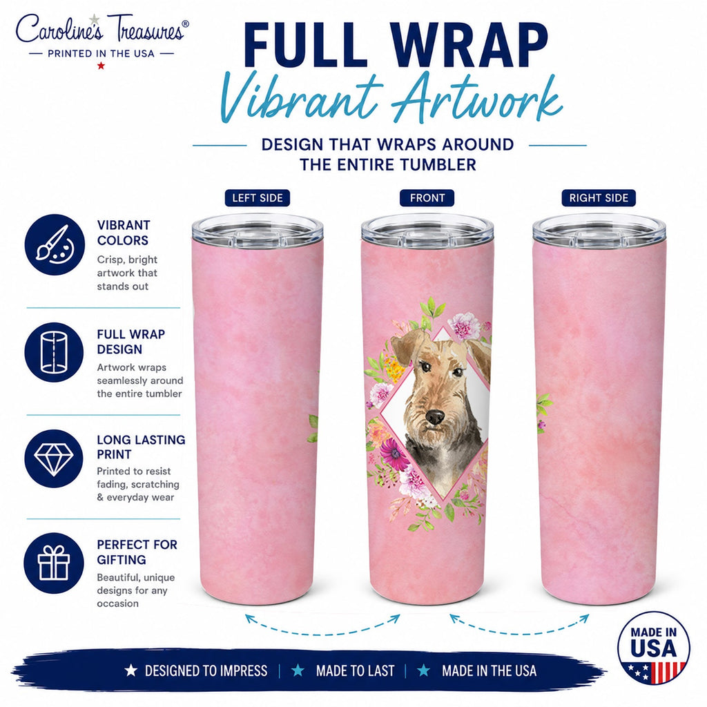 Airedale Terrier Pink Flowers Stainless Steel Skinny Tumbler 20 oz Vacuum Double Walled Reusable Insulated Travel Cup