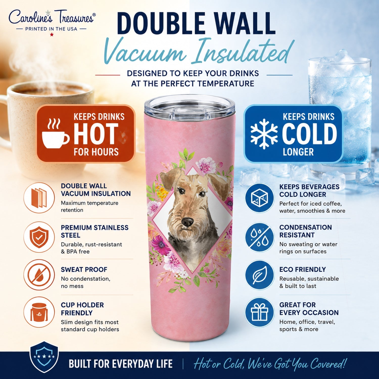 Airedale Terrier Pink Flowers Stainless Steel Skinny Tumbler 20 oz Vacuum Double Walled Reusable Insulated Travel Cup