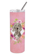 Weimaraner Pink Flowers Stainless Steel Skinny Tumbler 20 oz Vacuum Double Walled Reusable Insulated Travel Cup