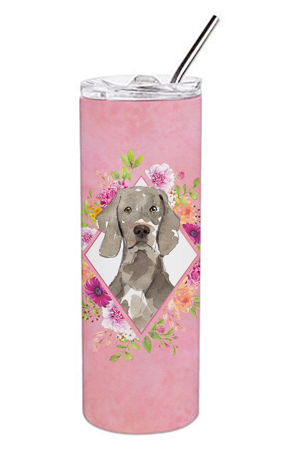 Weimaraner Pink Flowers Stainless Steel Skinny Tumbler 20 oz Vacuum Double Walled Reusable Insulated Travel Cup