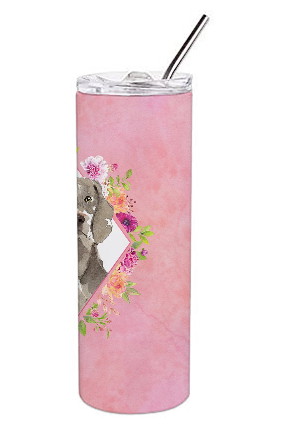 Weimaraner Pink Flowers Stainless Steel Skinny Tumbler 20 oz Vacuum Double Walled Reusable Insulated Travel Cup