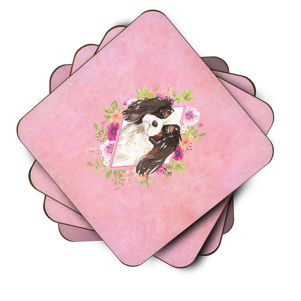 Tricolor Cavalier Spaniel Pink Flowers Foam Coasters Set of 4 Cup Coasters for Indoor Outdoor, Tabletop Protection, Anti Slip, Mouse pad Material