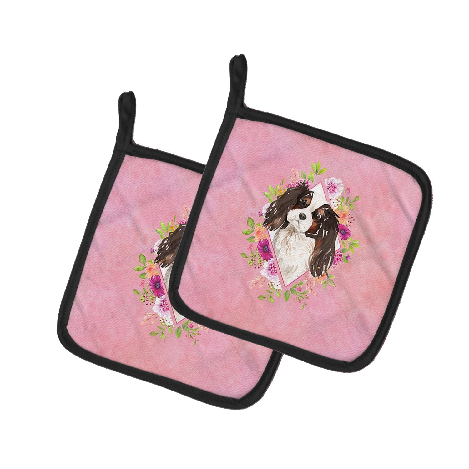 Tricolor Cavalier Spaniel Pink Flowers Pot Holder Set of 2 Heat Resistant Quilted Hot Pads 7.5 x 7.5 Inch, Insulated Kitchen Trivets for Cooking & Baking