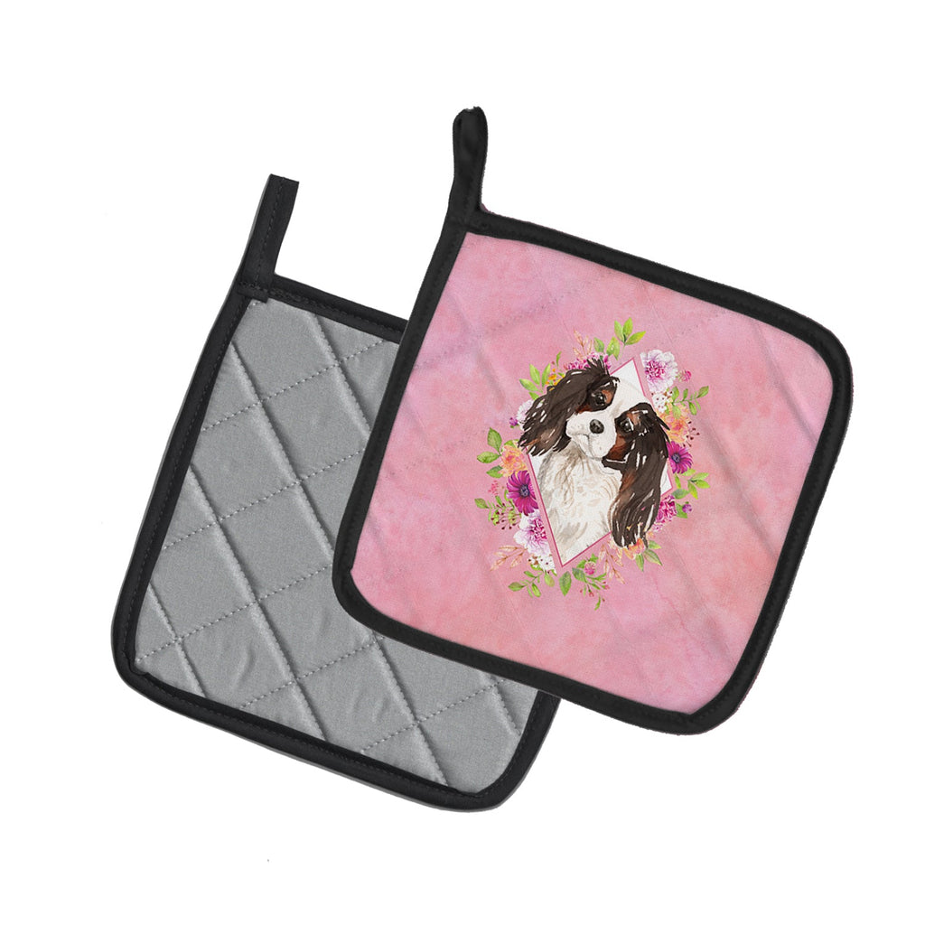 Tricolor Cavalier Spaniel Pink Flowers Pot Holder Set of 2 Heat Resistant Quilted Hot Pads 7.5 x 7.5 Inch, Insulated Kitchen Trivets for Cooking & Baking